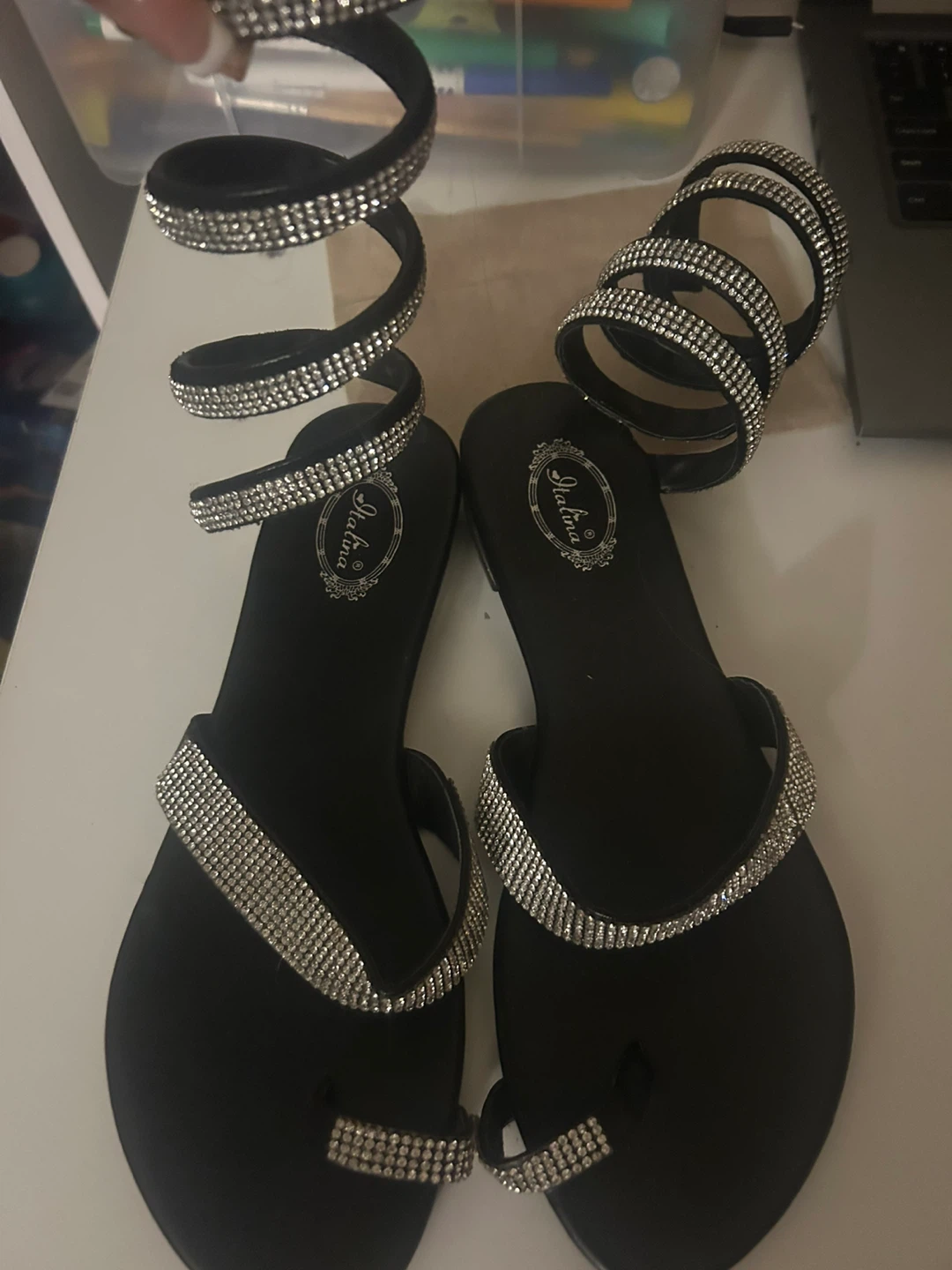 Slatina Black Rhinestone Spiral Wrap Sandals - Size 7.5 - photo 2