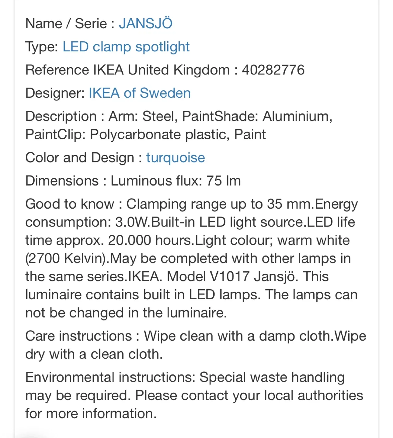 IKEA Jansjö LED Clamp Spotlight - Turquoise image indicator(3)