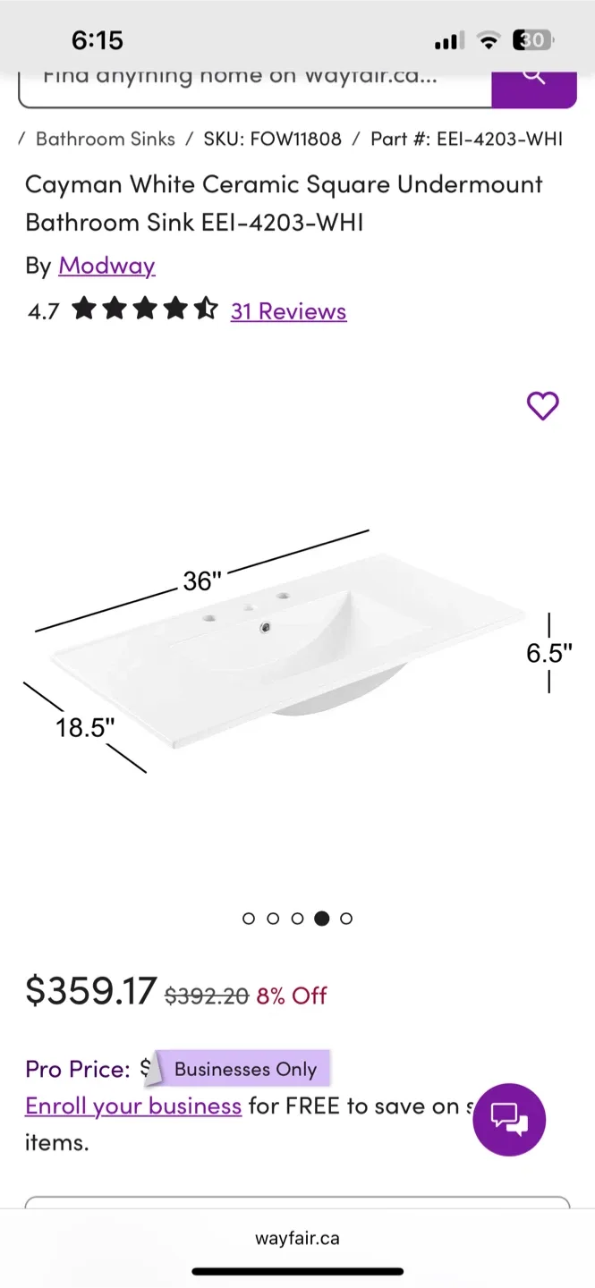 Modway Cayman White Ceramic 36" Sink Top - New in Box image indicator(3)