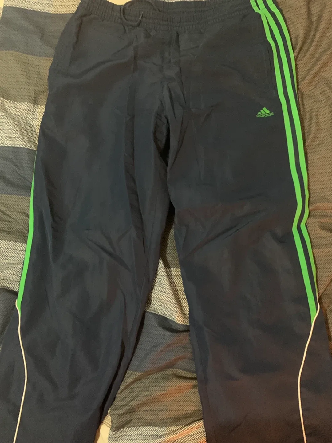Adidas Track Pants - Navy with Green Stripes