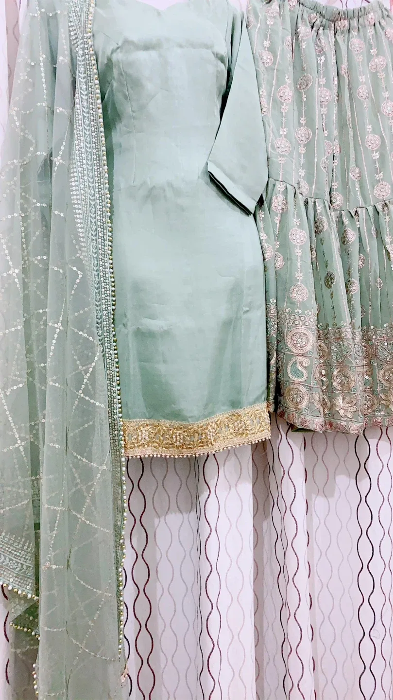 Sage Green Embroidered Sharara Suit image indicator(4)