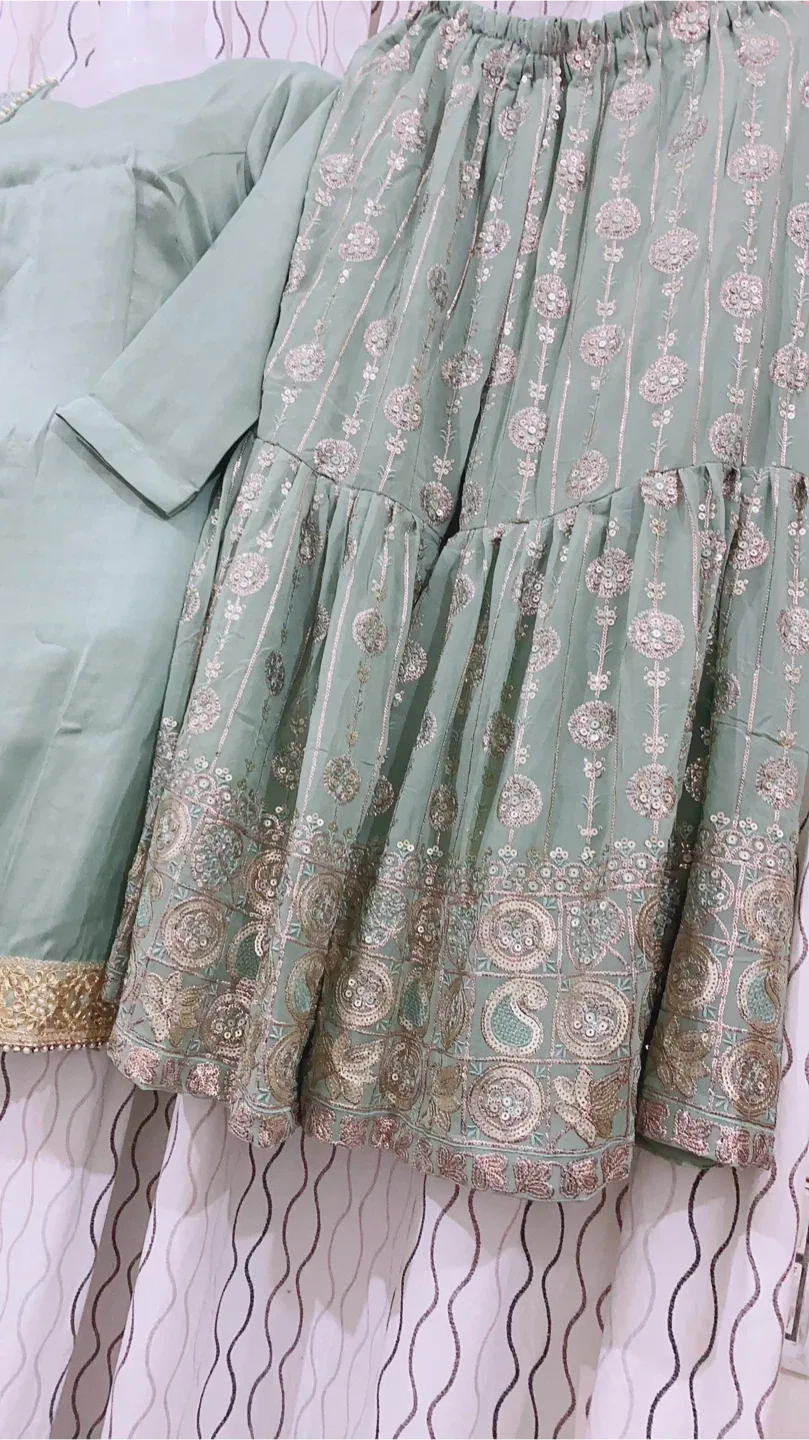 Sage Green Embroidered Sharara Suit image indicator(3)