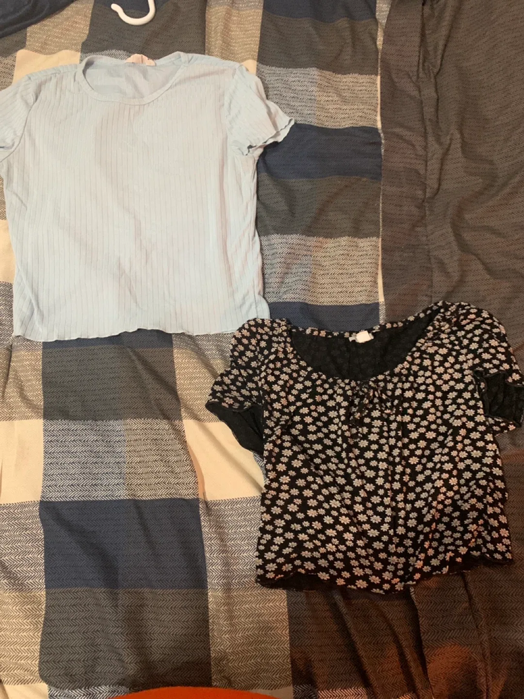 Light Blue Ribbed T-Shirt and Black floral cropped shirt