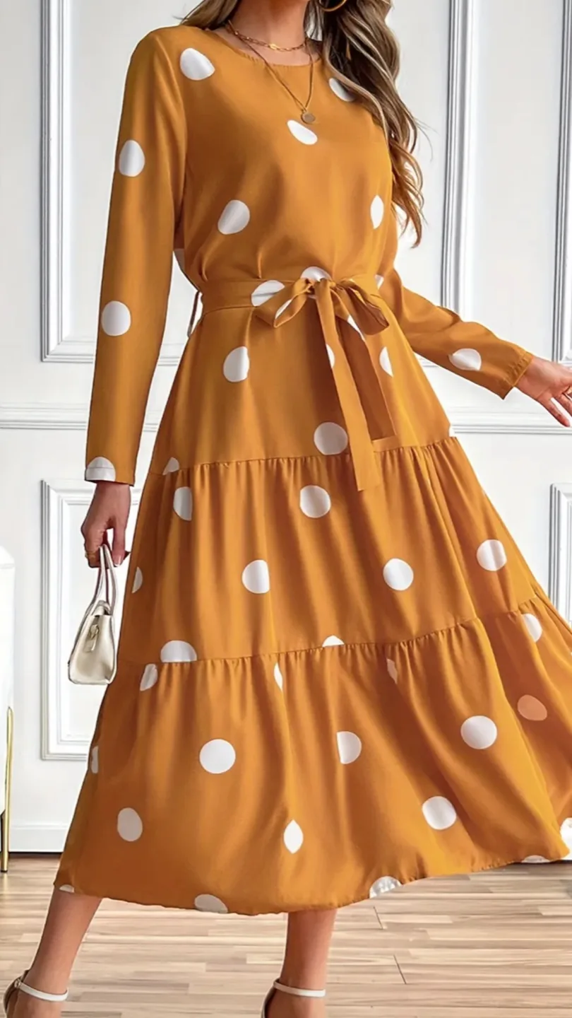 Tiered Polka Dot Long Sleeve Dress - Mustard image indicator(2)