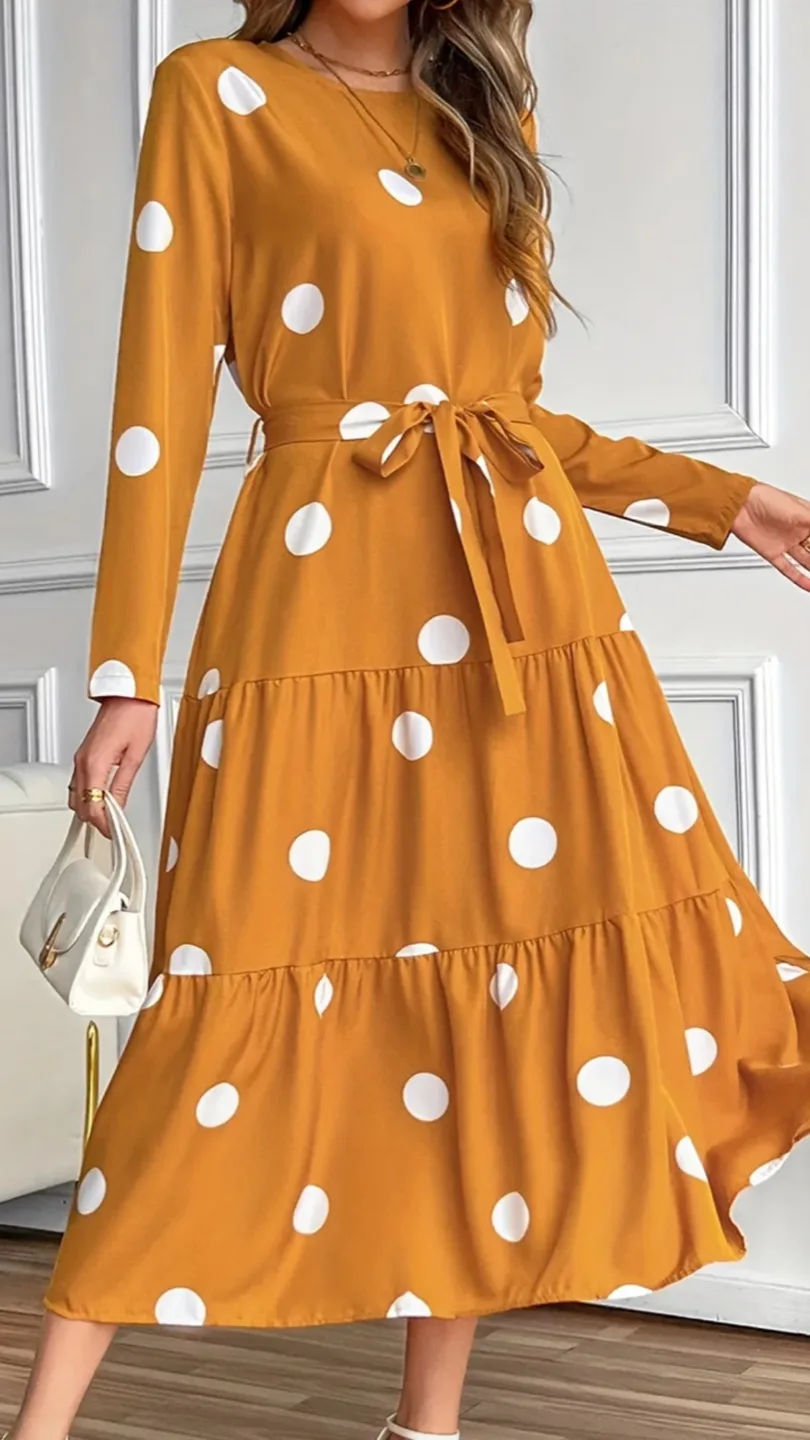 Tiered Polka Dot Long Sleeve Dress - Mustard image indicator(4)