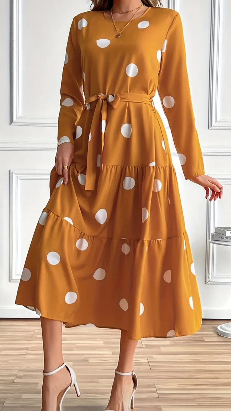 Tiered Polka Dot Long Sleeve Dress - Mustard image indicator(3)