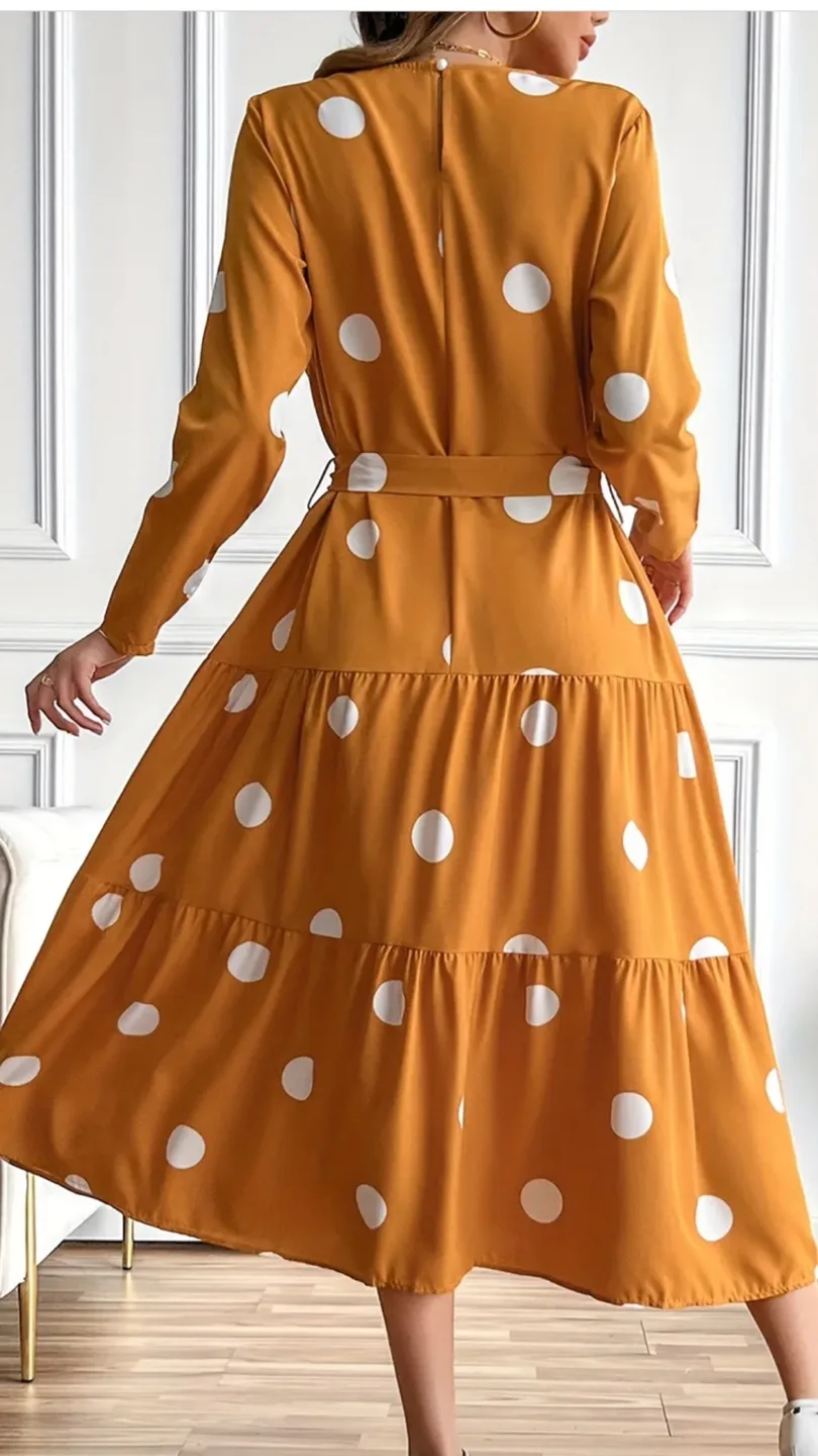 Tiered Polka Dot Long Sleeve Dress - Mustard image indicator(5)