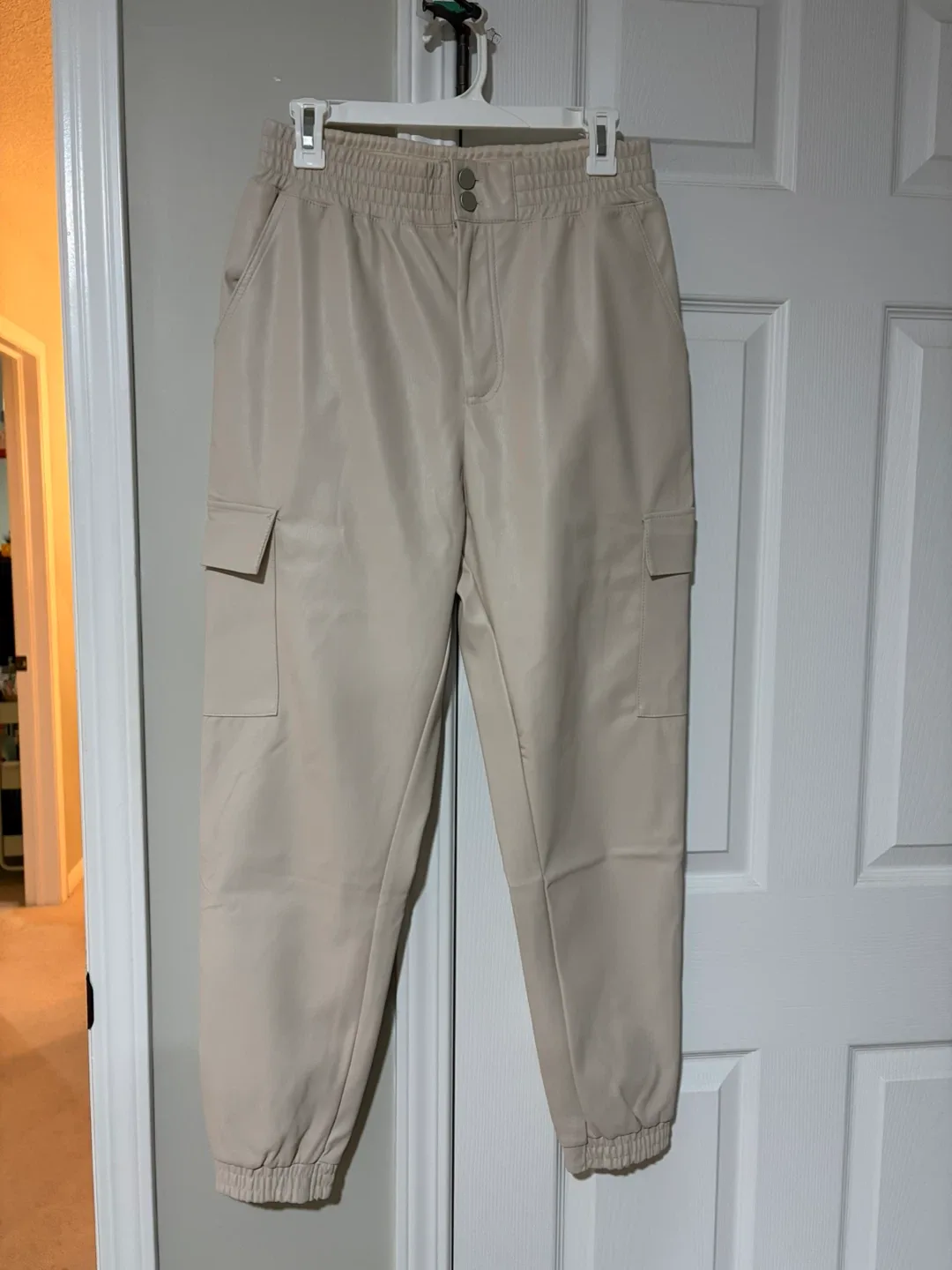 Bluenotes Beige Faux Leather Cargo Joggers