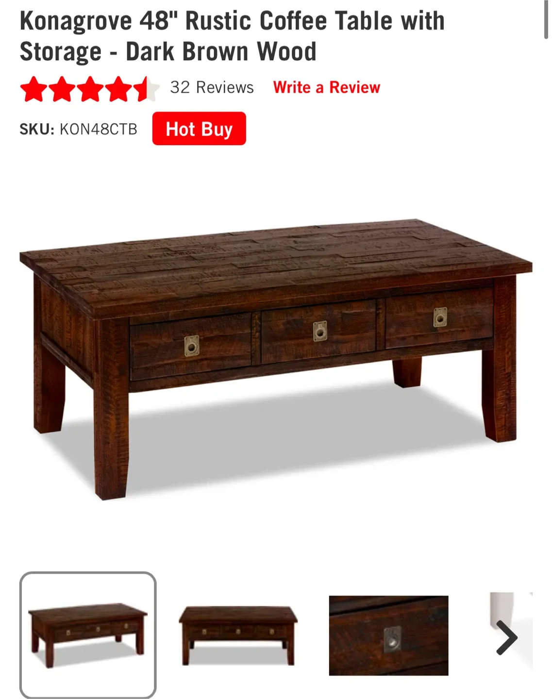 Rustic Coffee Table - Dark Brown Wood