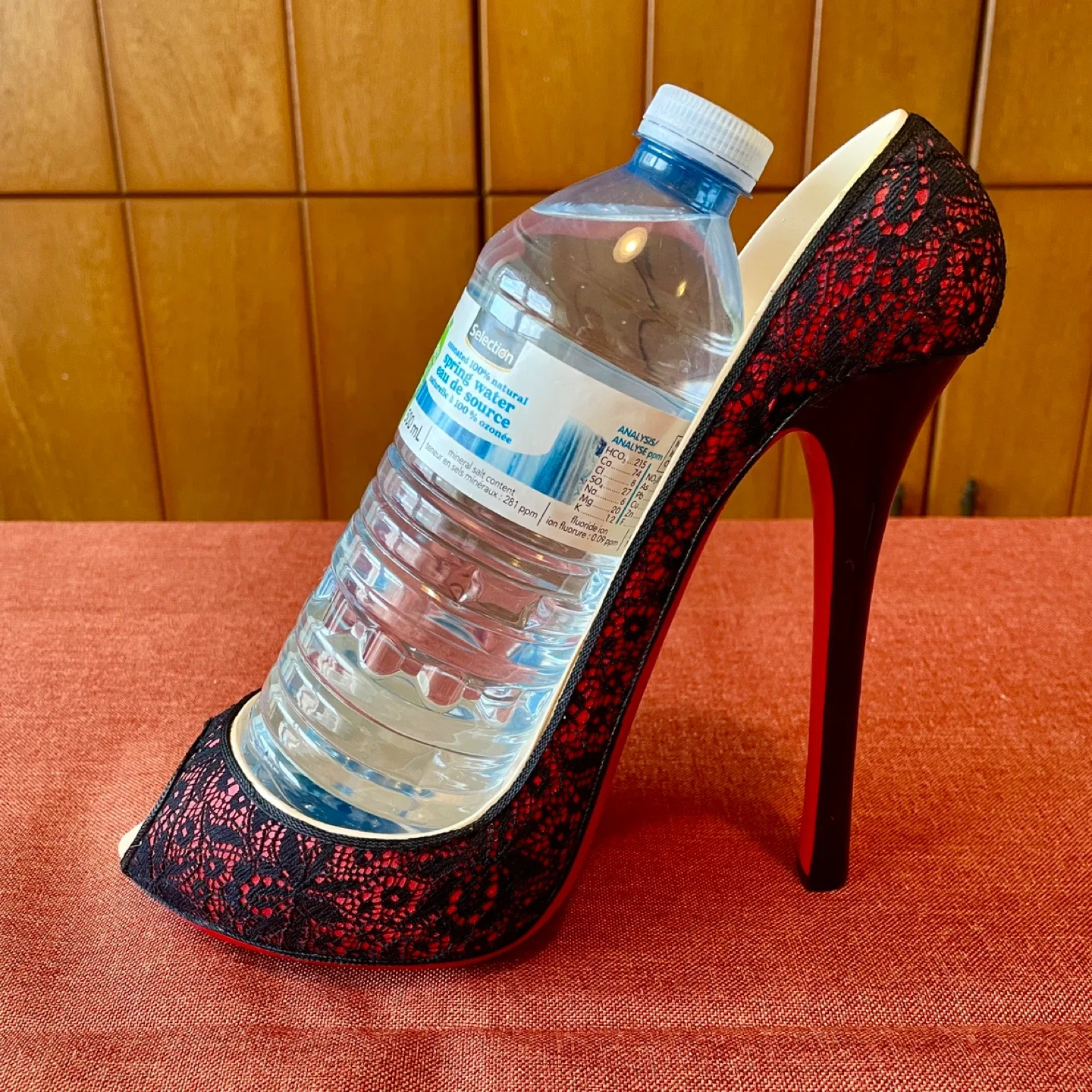 High Heel Wine Bottle Holder with Red & Black Lace thumbnail