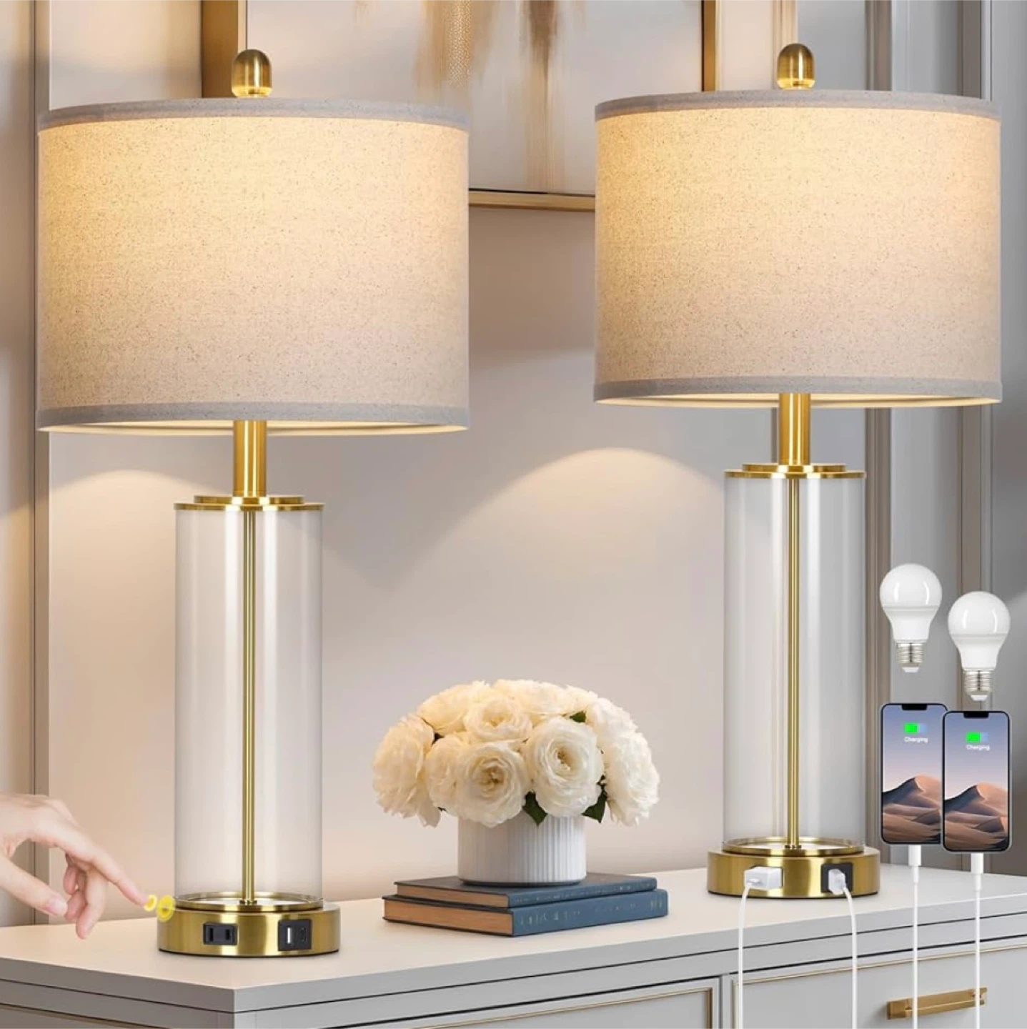 Table Lamps with USB Ports - Set of 2