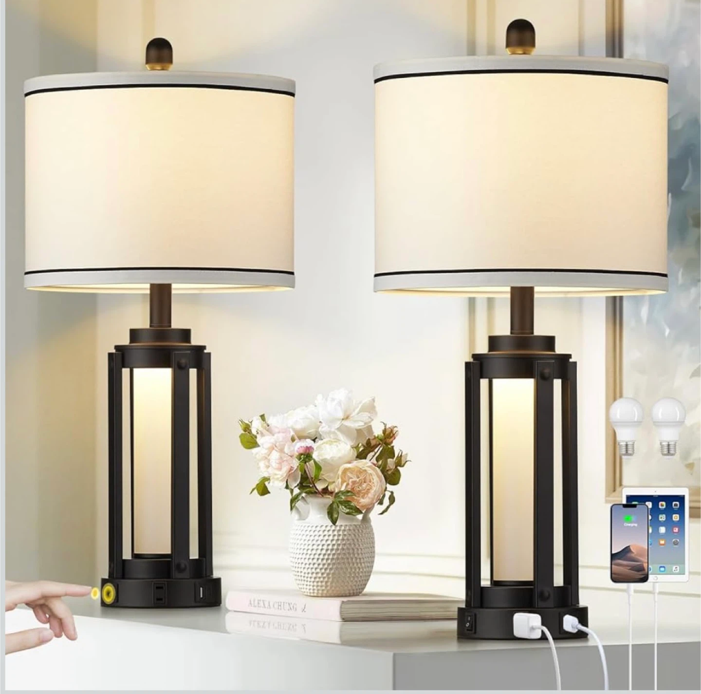 Set of 2 Bedside Lamps w/ USB Ports