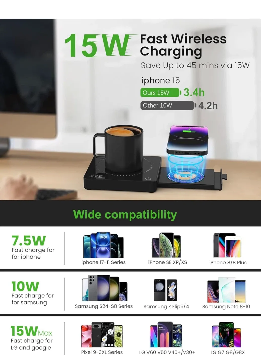 Coffee Mug Warmer with 15W Fast Wireless Charger image indicator(5)