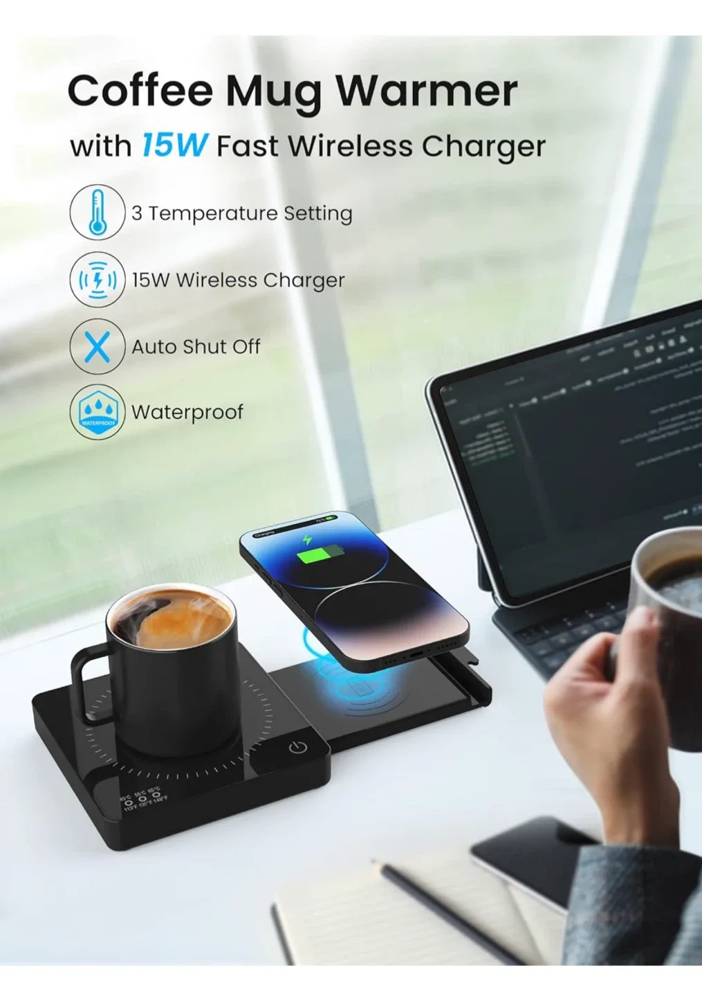 Coffee Mug Warmer with 15W Fast Wireless Charger image indicator(2)