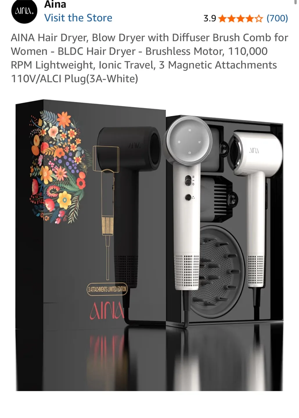 AINA Hair Dryer with Diffuser Brush - Black image indicator(5)