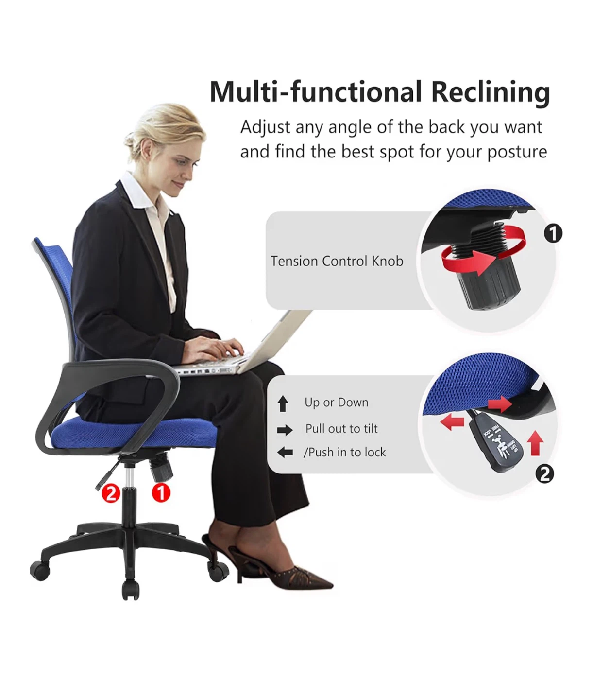Blue Adjustable Office Chair - Lumbar Ergonomic Design - photo 5
