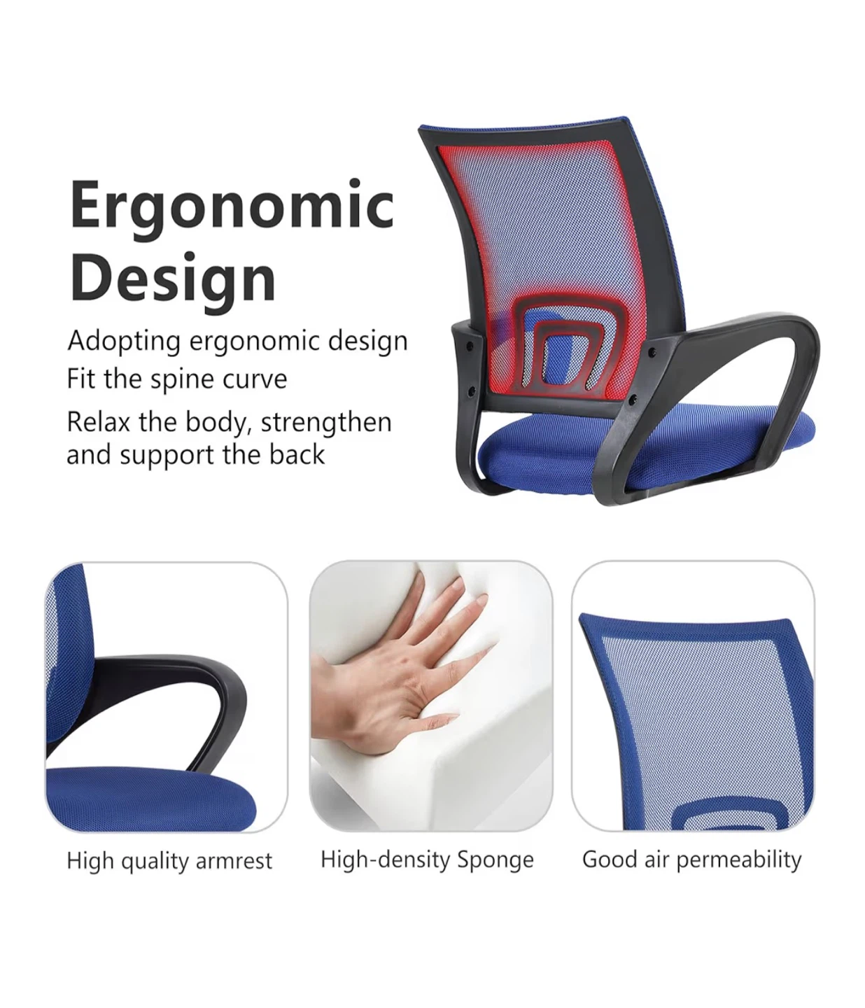 Blue Adjustable Office Chair - Lumbar Ergonomic Design - photo 3