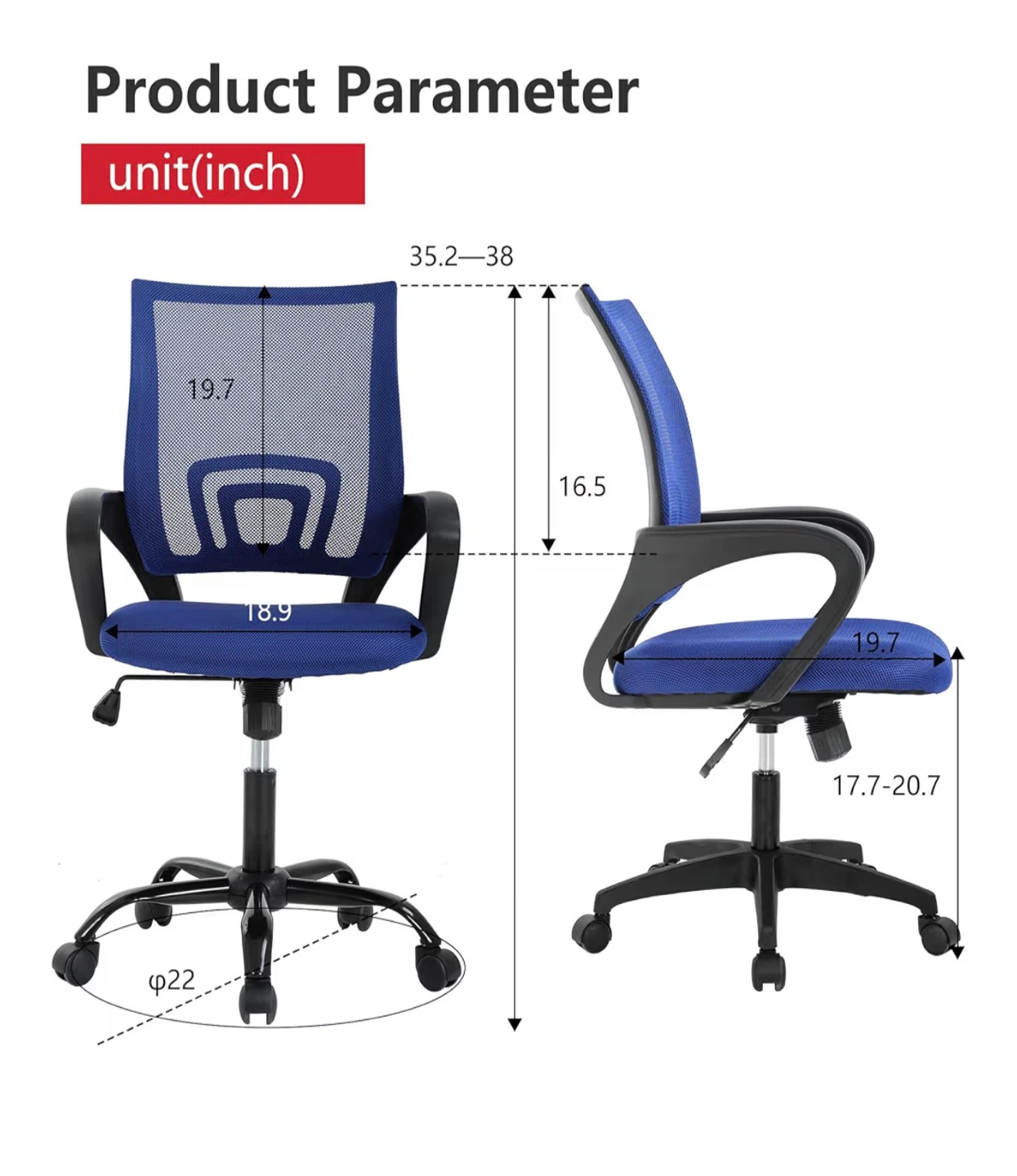 Blue Adjustable Office Chair - Lumbar Ergonomic Design - photo 4