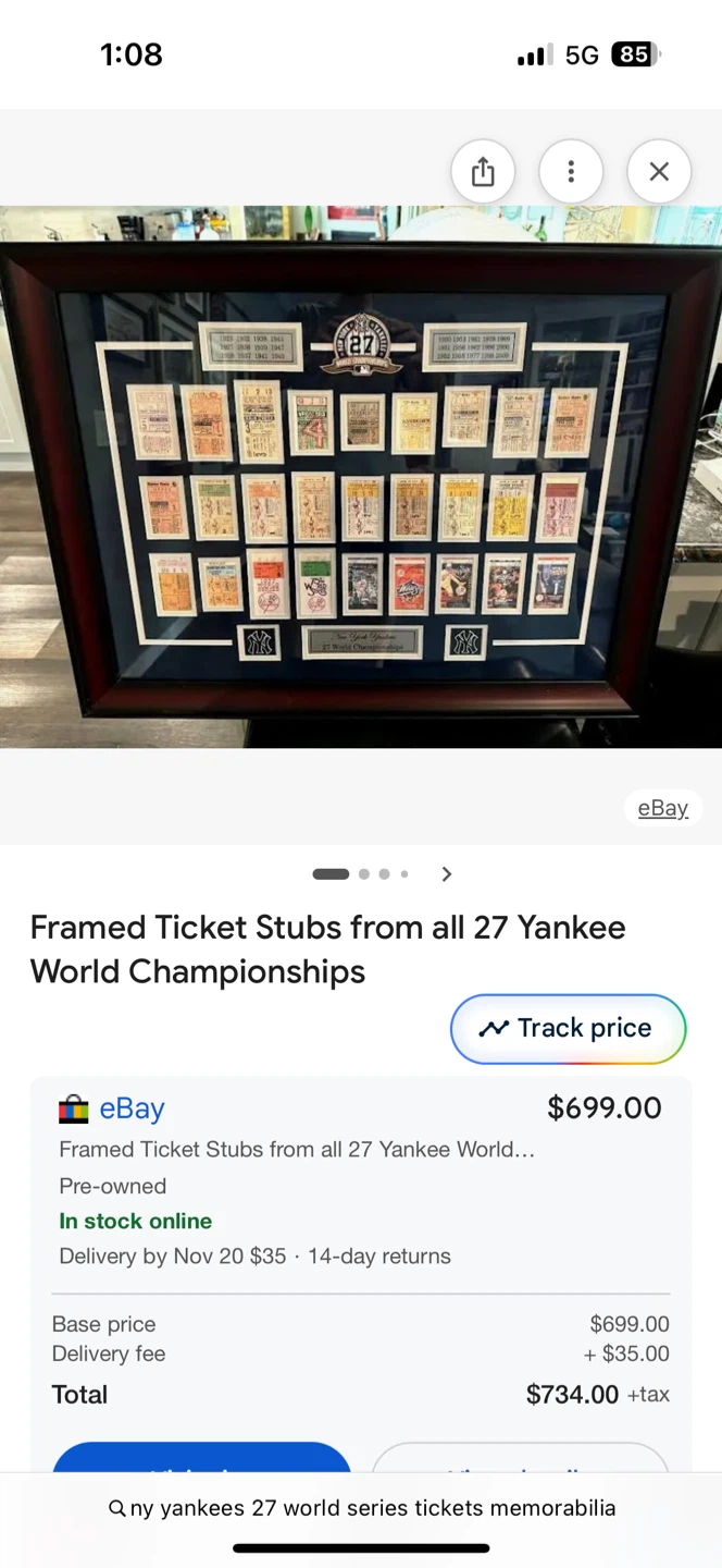 Framed Yankee World Championship Ticket Stubs