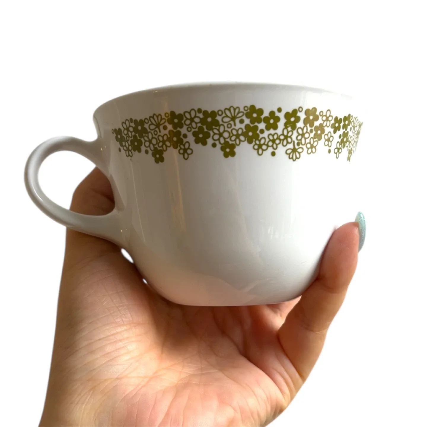 Corelle White Green Crazy Daisy Floral Tea Cup Mugs Set of 4 image indicator(2)