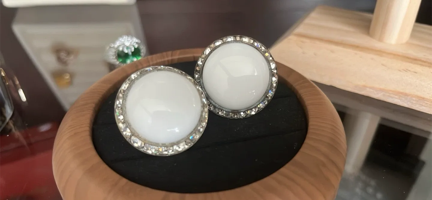 Vintage White Button Earrings with Rhinestones image indicator(5)