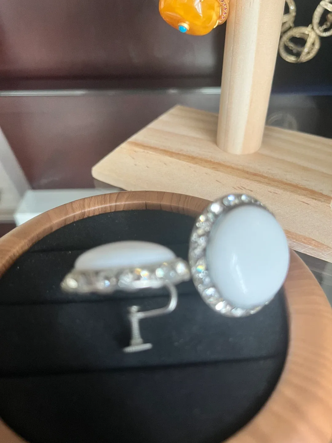 Vintage White Button Earrings with Rhinestones image indicator(3)