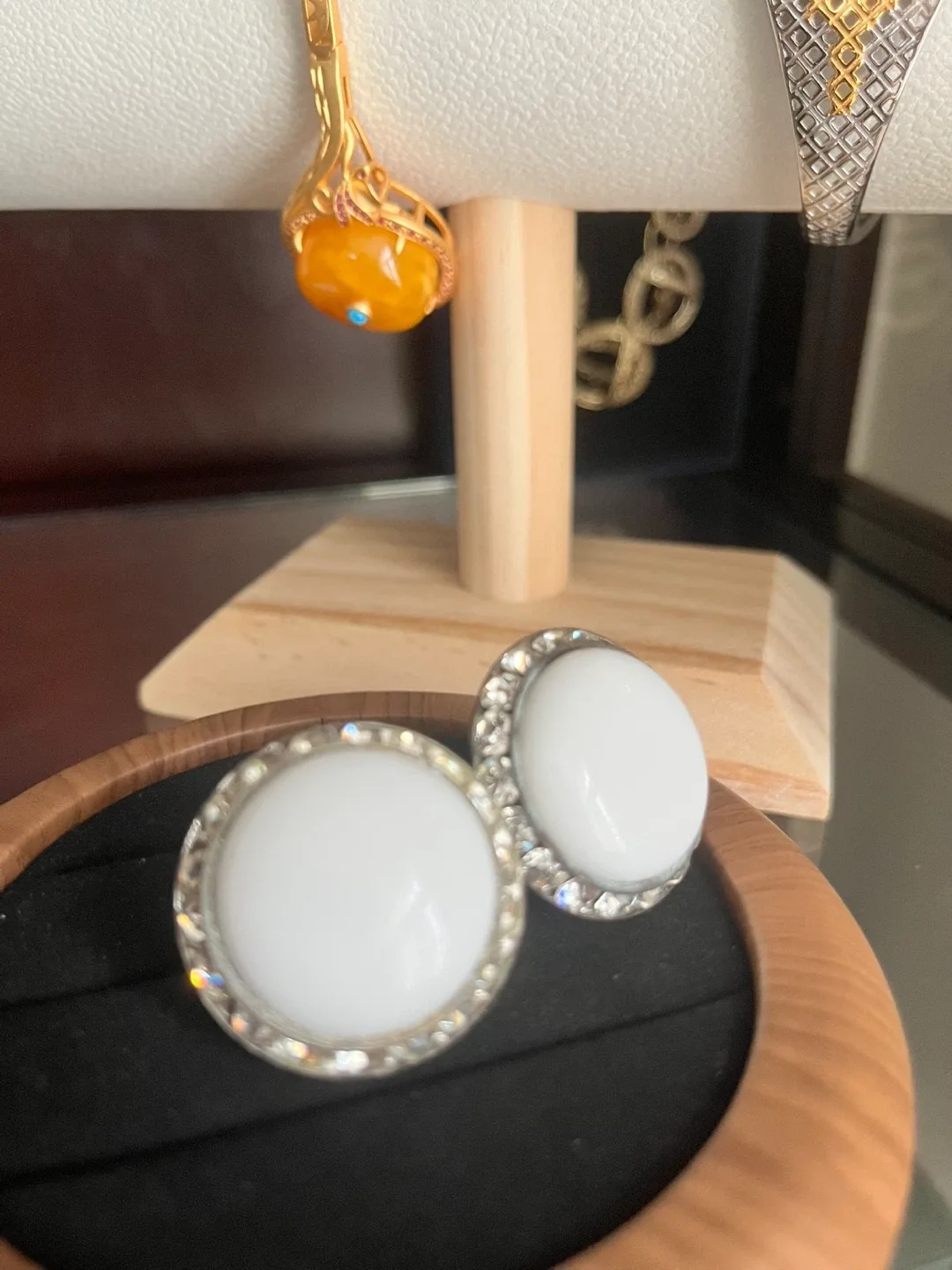 Vintage White Button Earrings with Rhinestones image indicator(2)