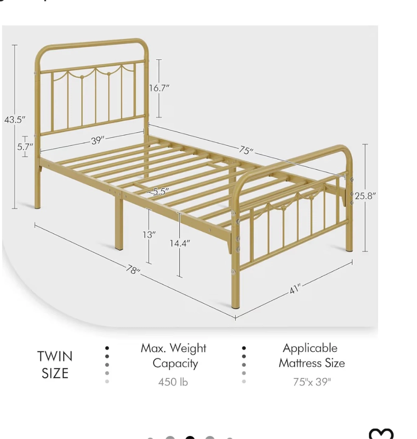Twin Size Antique Gold Metal Bed Frame