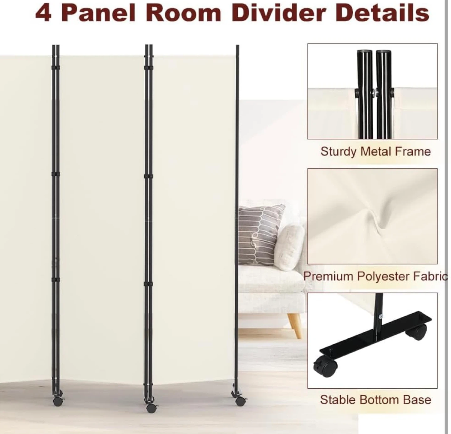 4 Panel Room Divider - Beige - photo 5