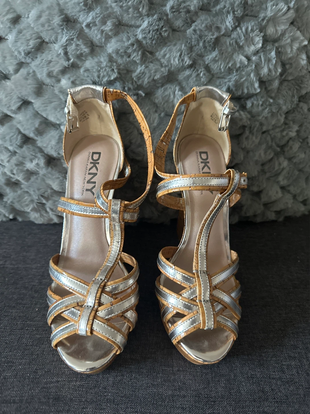 DKNY Silver & Cork Wedge Heels - Size 8.5