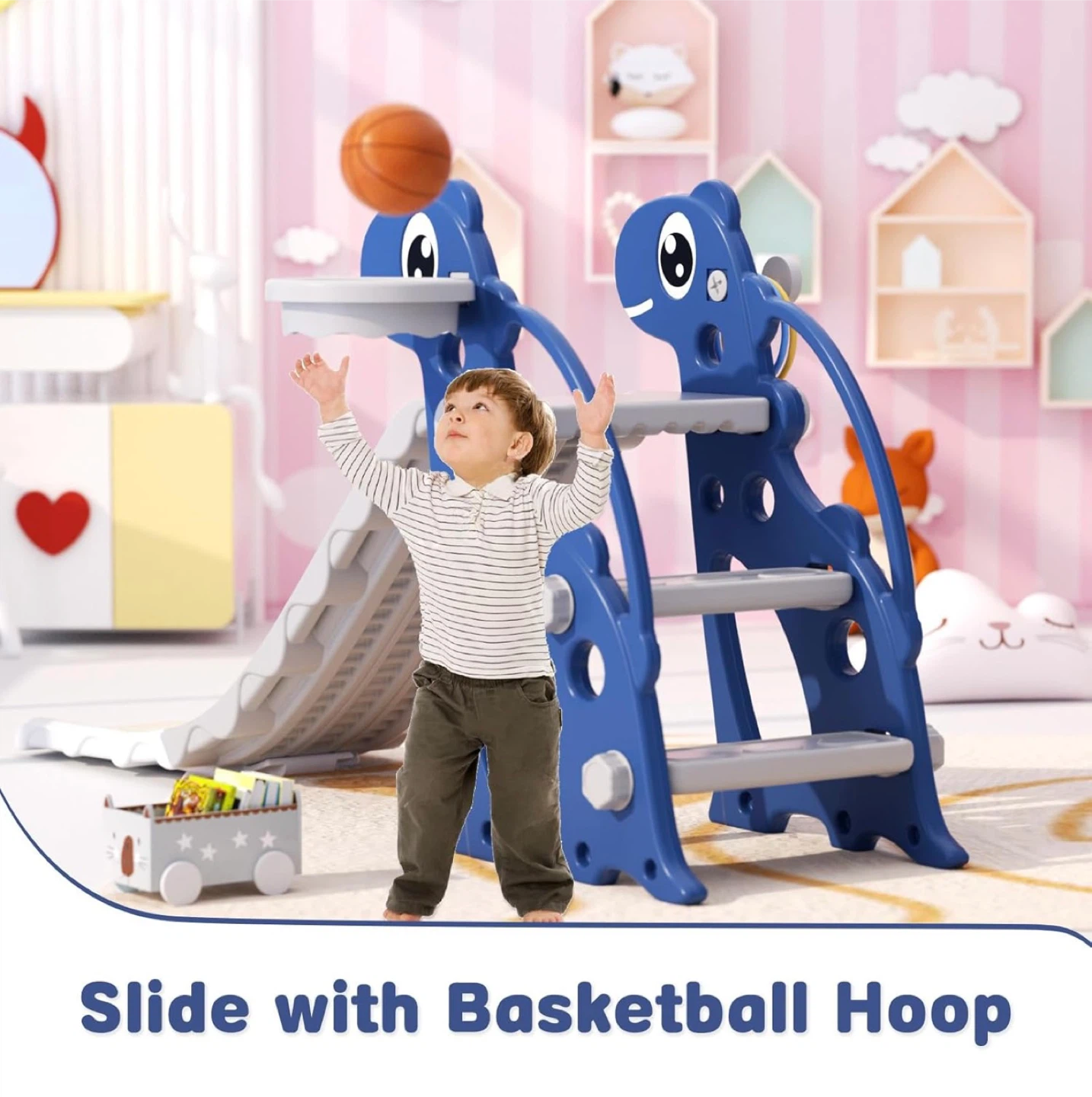 Toddler Slide with Basketball Hoop - Blue - photo 5