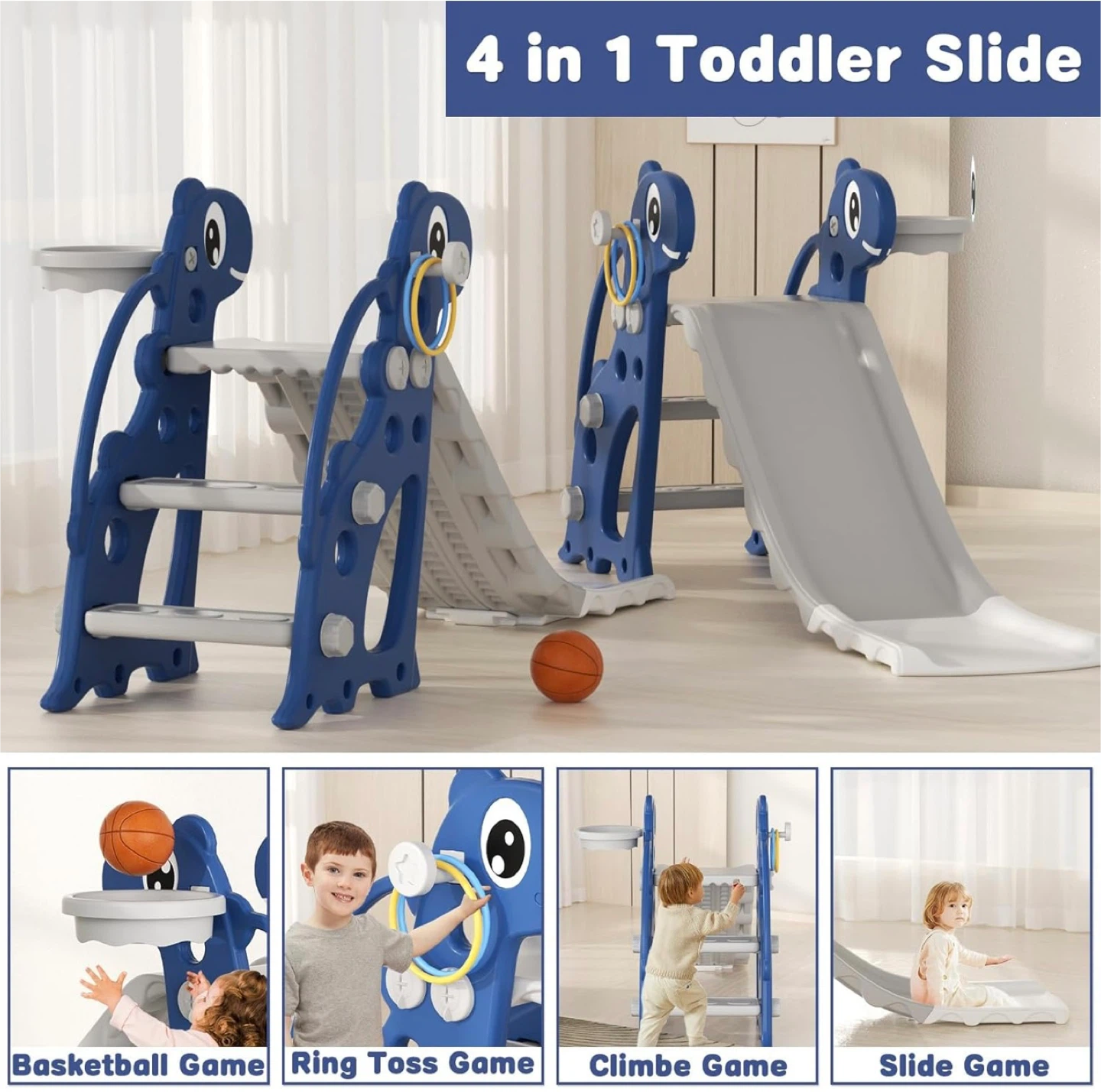 Toddler Slide with Basketball Hoop - Blue