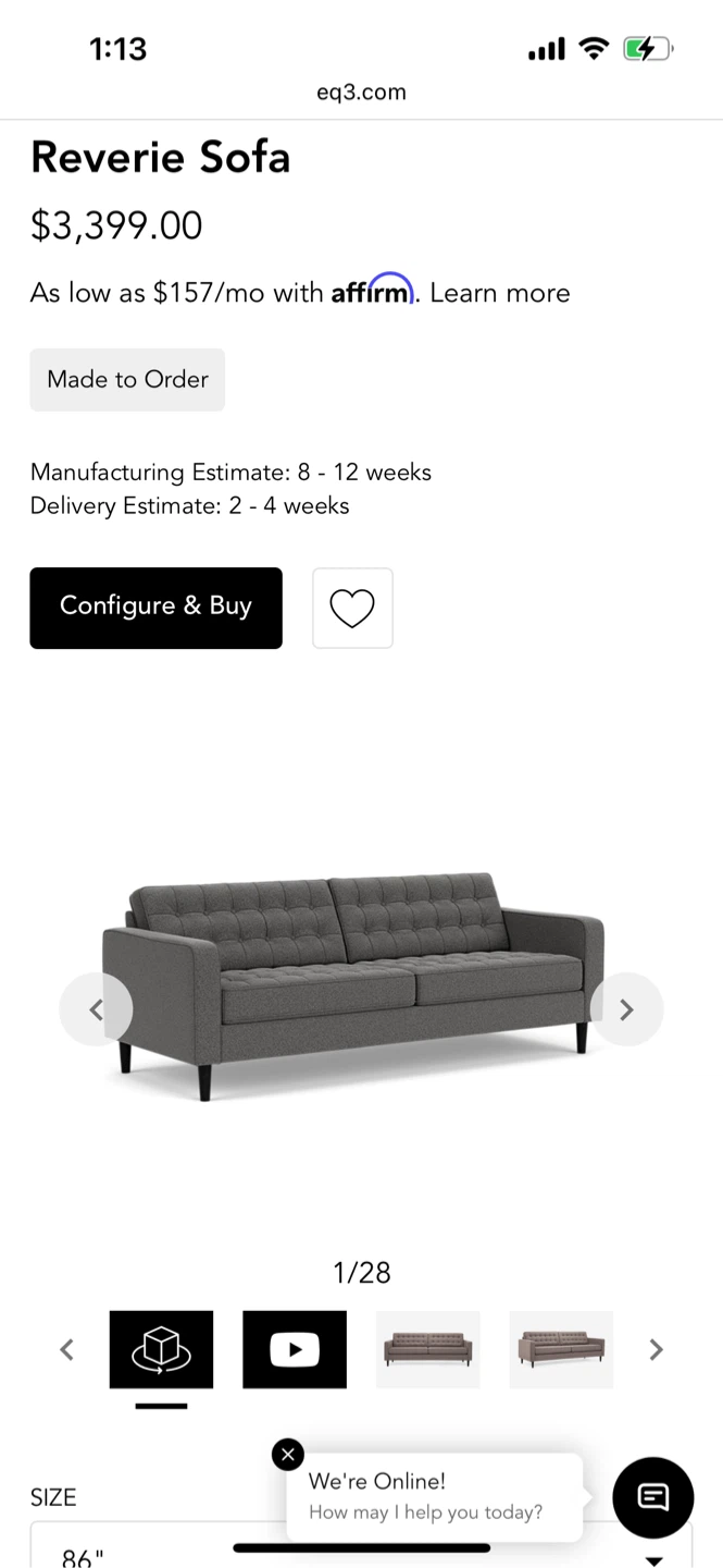 EQ3 Grey Tufted Sofa - Great Condition - photo 2