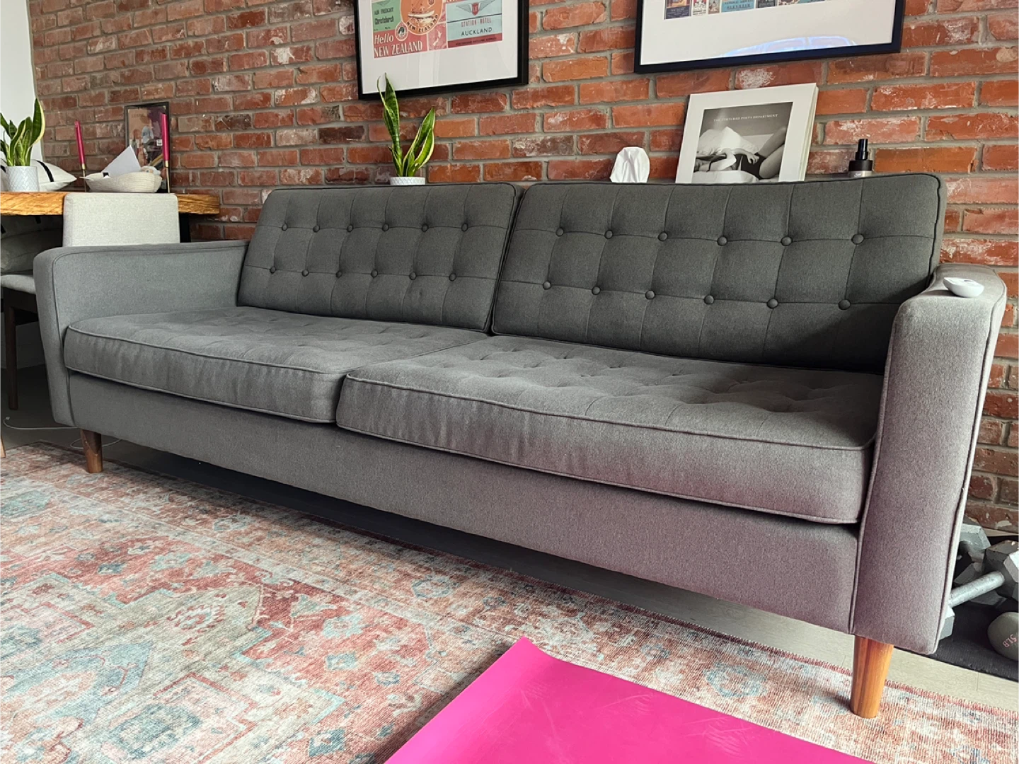 EQ3 Grey Tufted Sofa - Great Condition