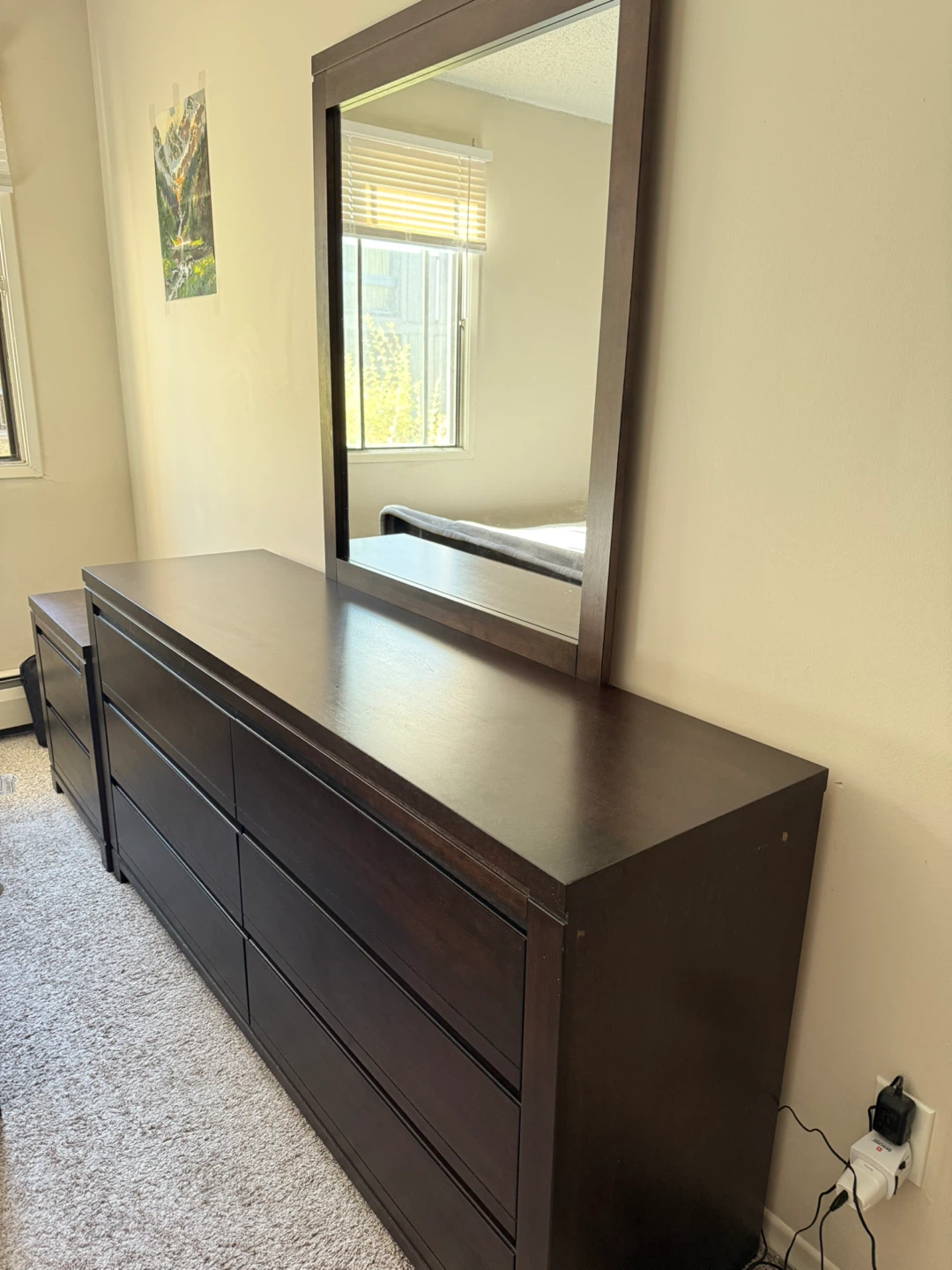 Dark Wood Dresser with Mirror & Nightstand