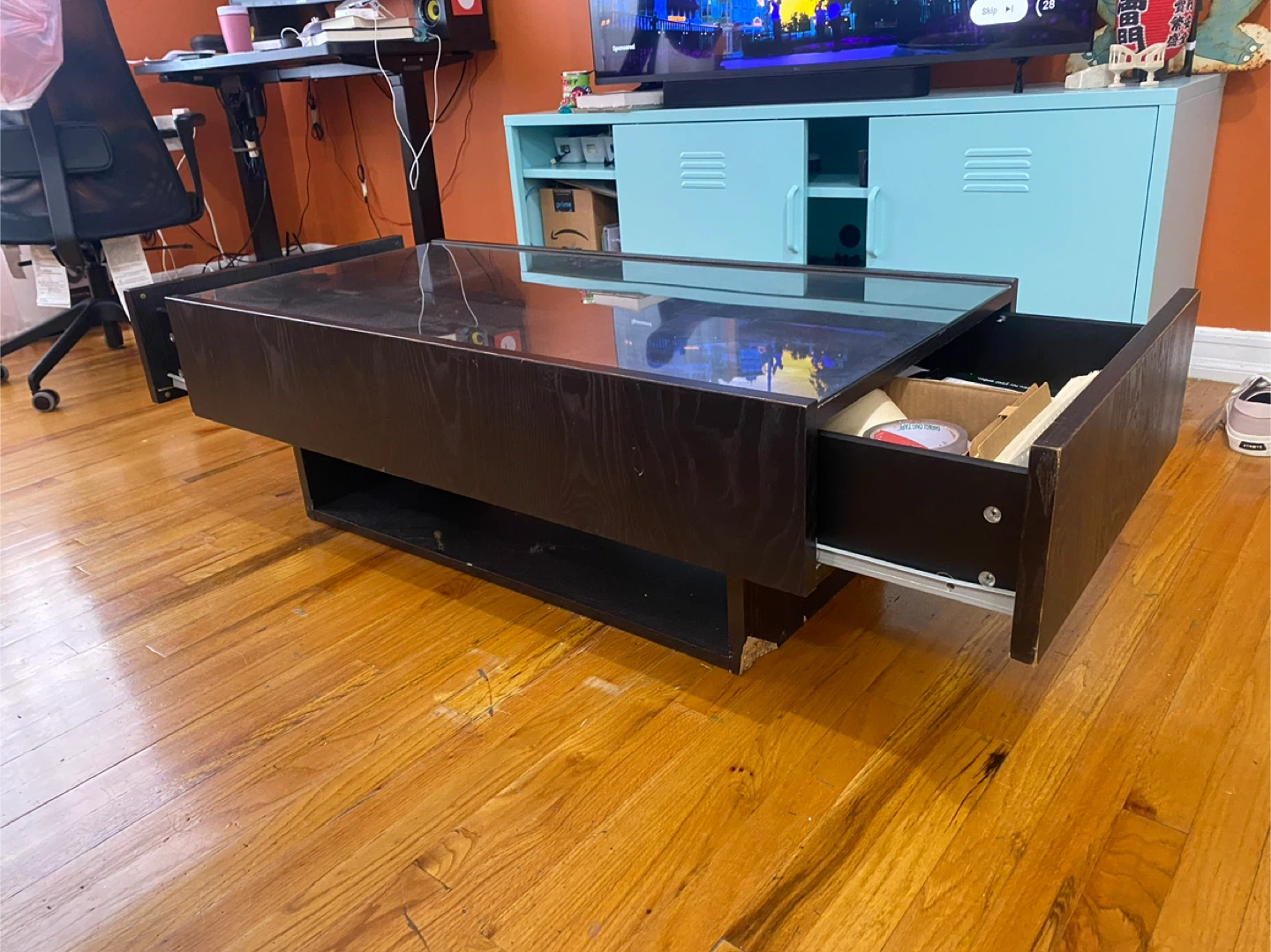Dark Brown Coffee Table with Glass Top & Drawer - photo 4