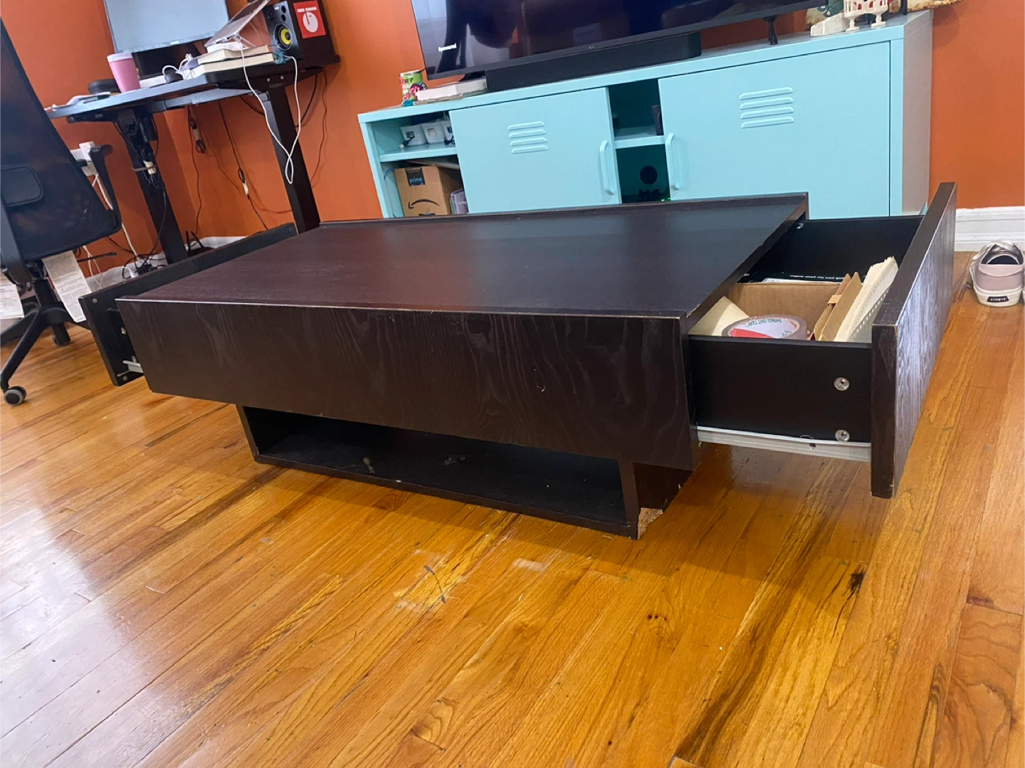 Dark Brown Coffee Table with Glass Top & Drawer