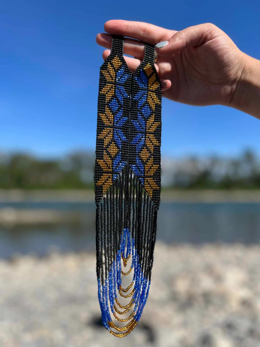 Handmade Beaded Necklace - Blue & Gold