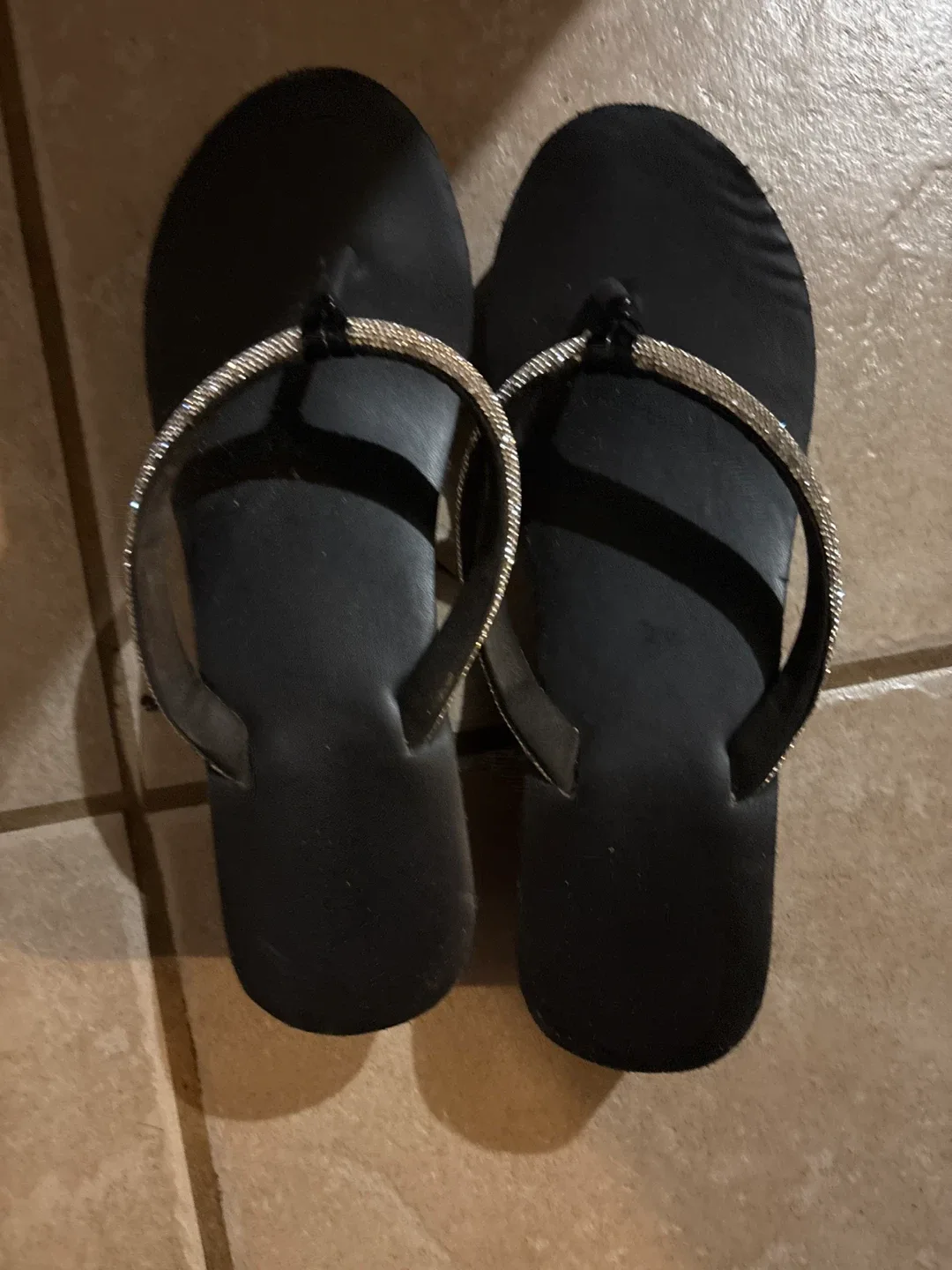 Black Flip Flops with Rhinestone Straps