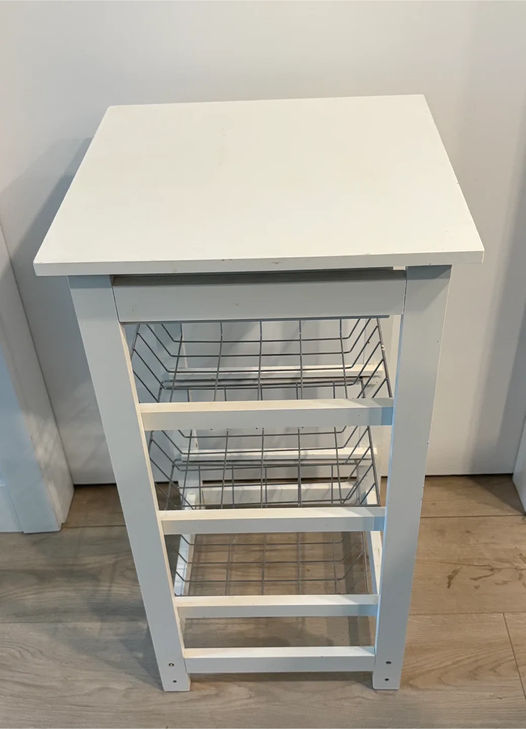 White Wooden Side Table with Wire Baskets image indicator(3)