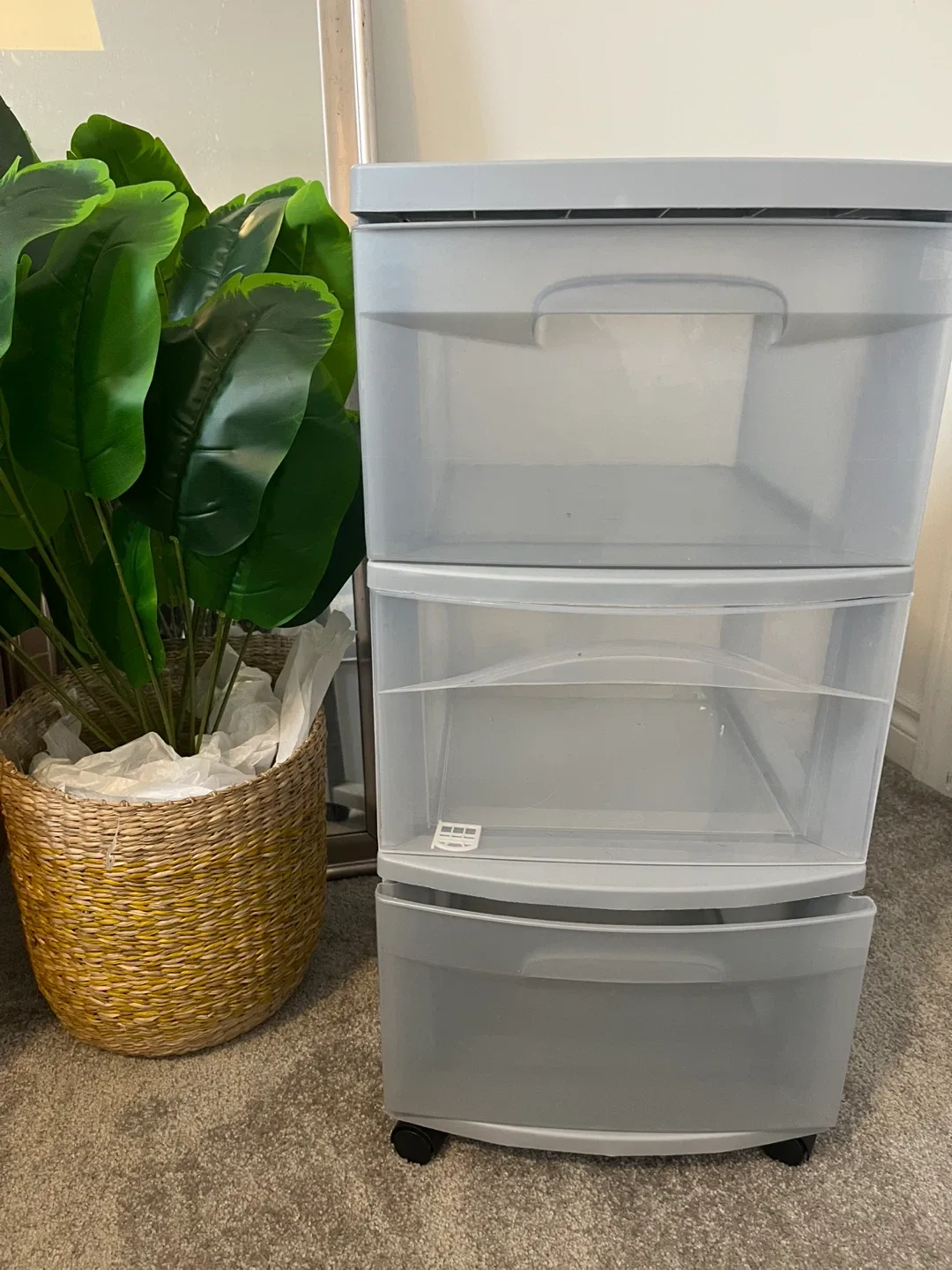 3-Drawer Plastic Storage Tower - Grey . 25x15 x12 inches.