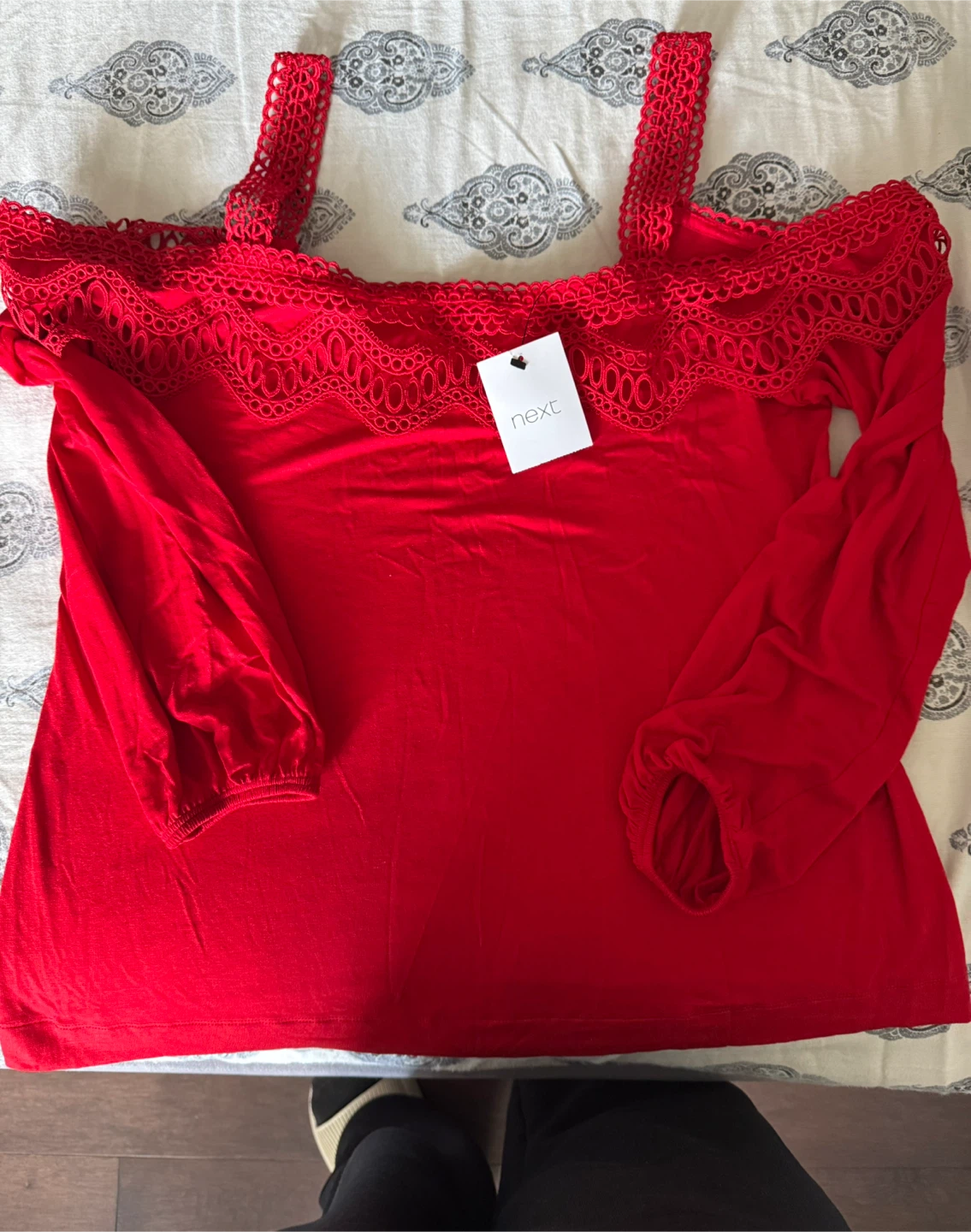 Next Red Lace Trim Cold Shoulder Top - Size 12