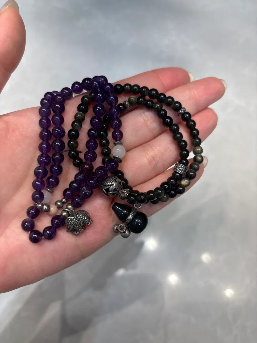 Amethyst & Black Obsidian Beaded Crystal Bracelets thumbnail
