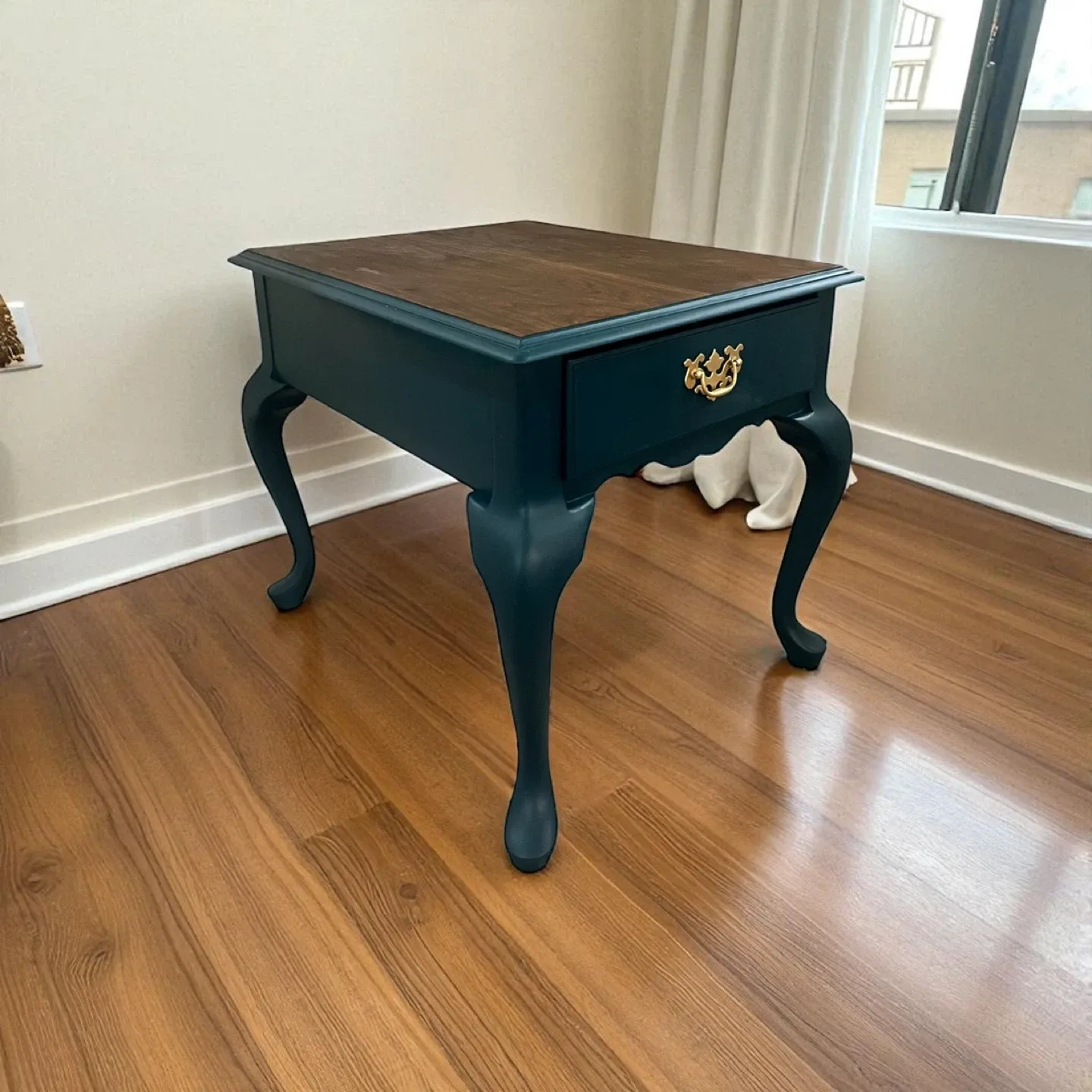 Refinished Solid Wood Accent Table – Midnight Teal Elegance