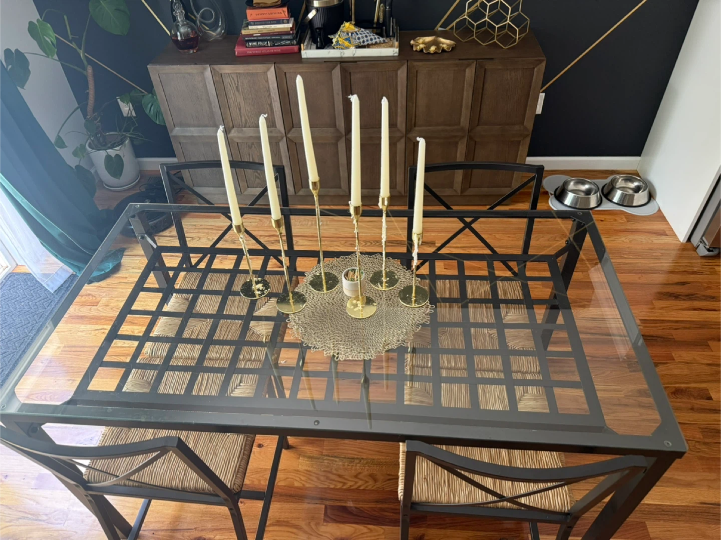 Glass Top Dining Table with 4 Wicker Chairs