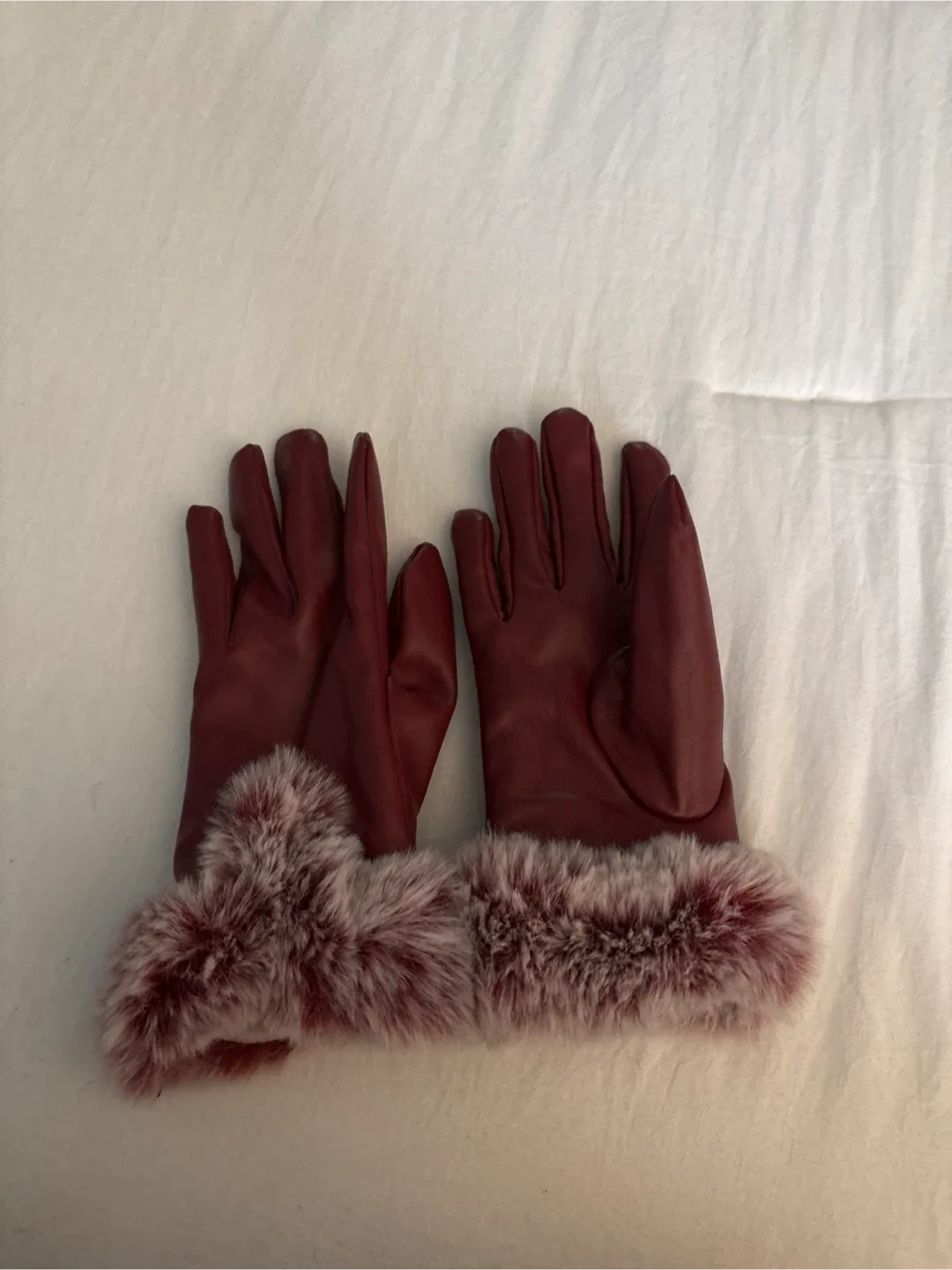 Burgundy Leather Gloves with Fur Trim