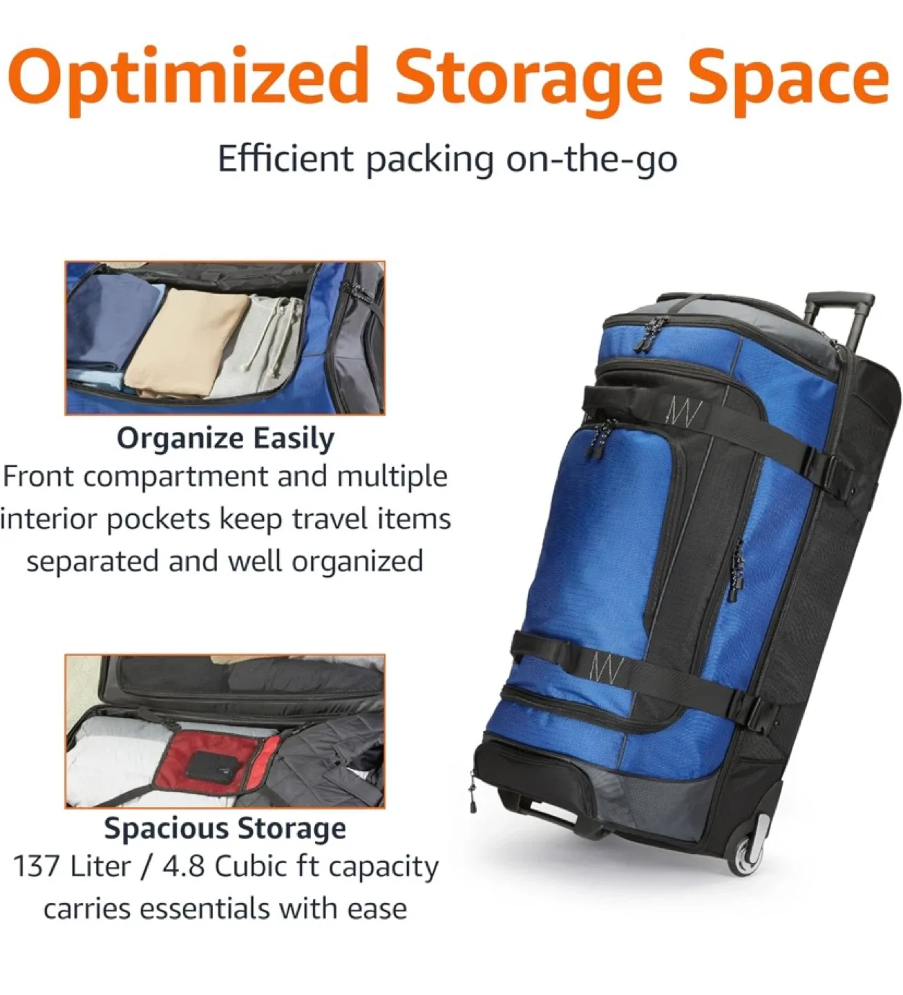 Amazon Basics Large Rolling Duffle Bag with Wheels and Handle image indicator(3)