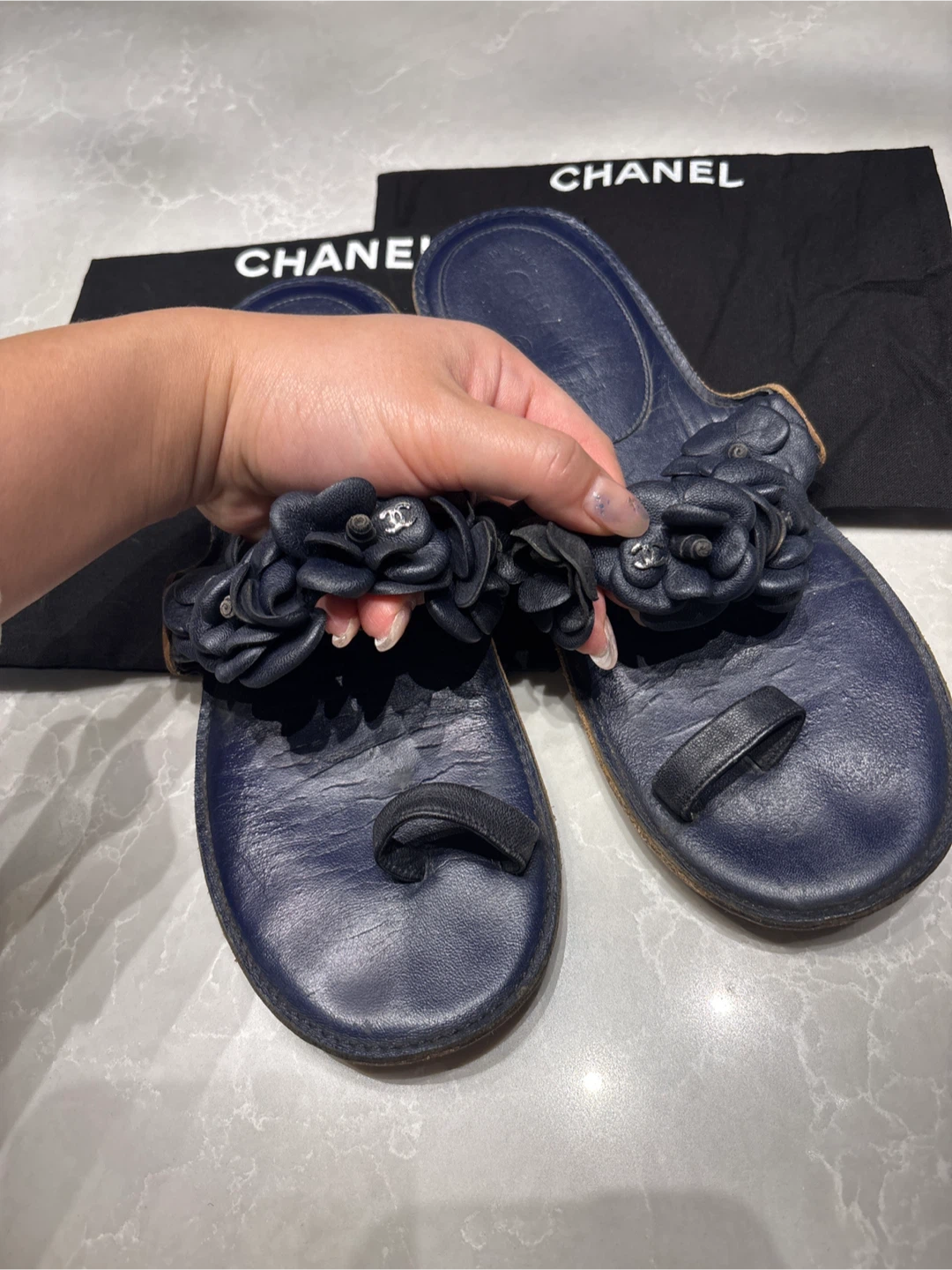 Chanel Blue Leather Flower Sandals size38