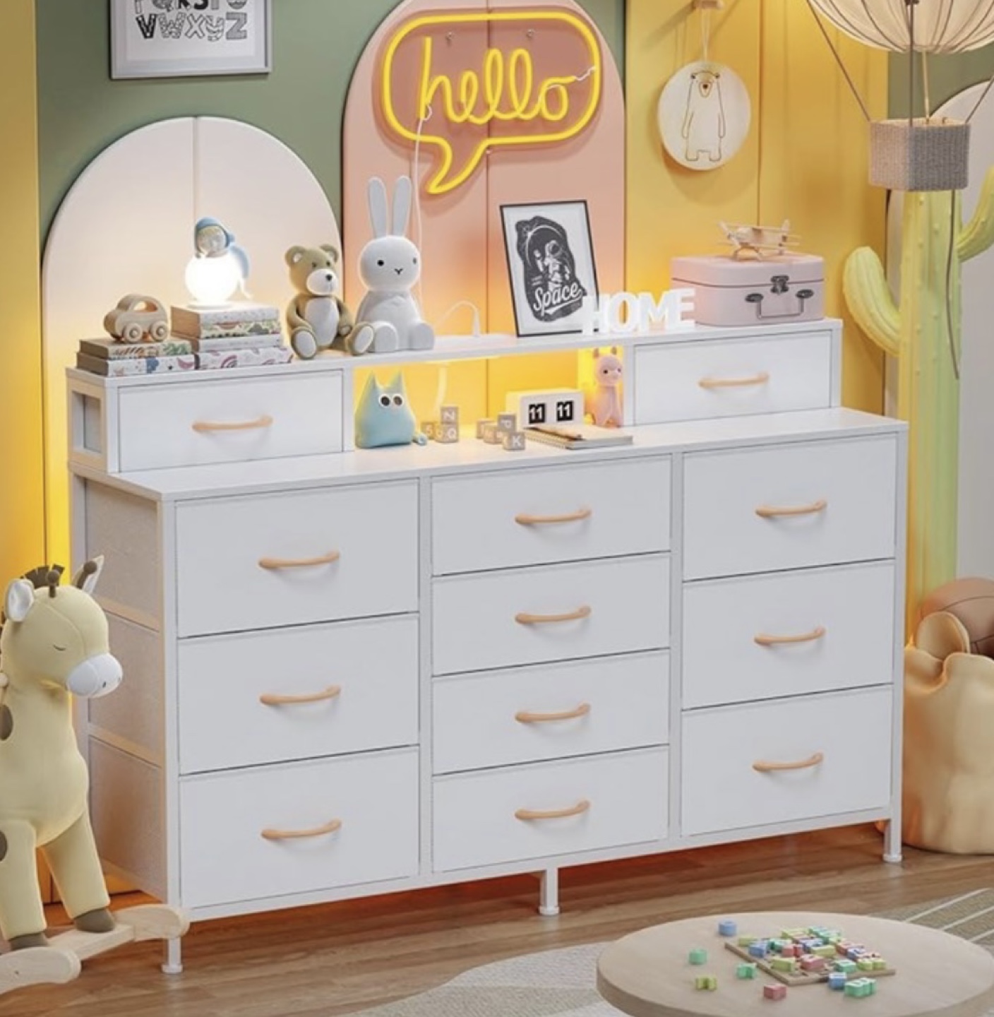 White dresser with built-in charging station