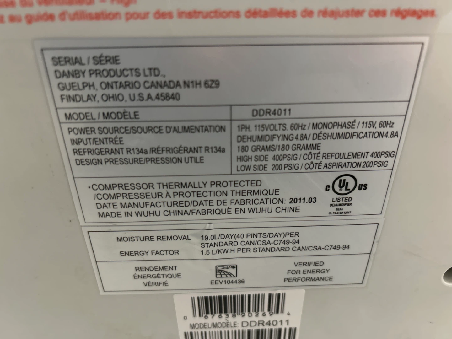 Danby DDR4011 Dehumidifier